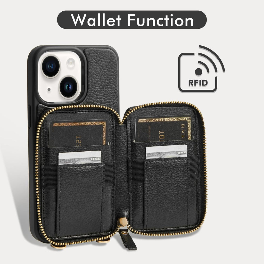 ZVE for iPhone 15 Wallet Case, Card Holder Crossbody Phone Purse for Women, Zipper Leather RFID Blocking Carrying Cover with Wrist Strap for iPhone 15 (6.1 inch)- Black