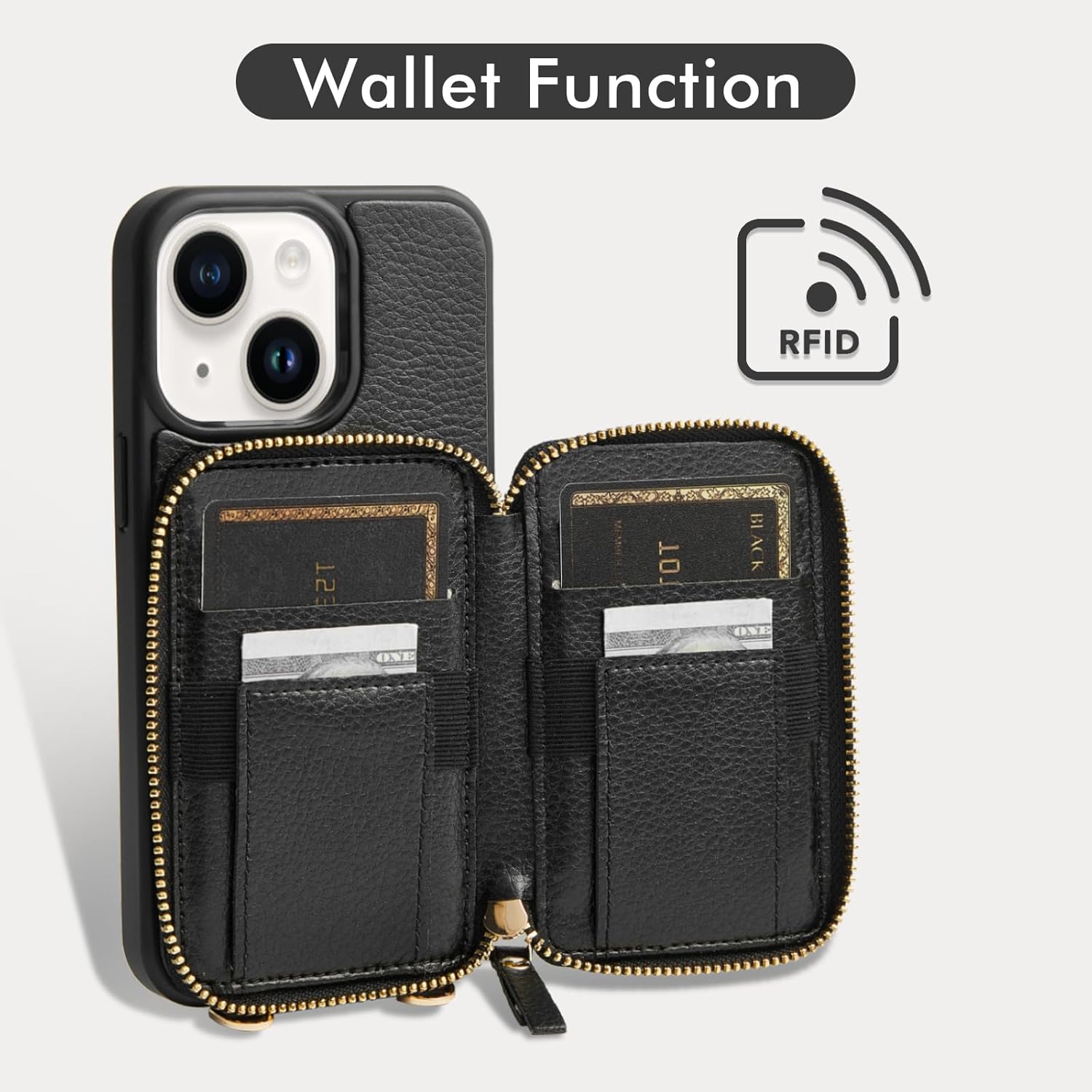 ZVE for iPhone 15 Wallet Case, Card Holder Crossbody Phone Purse for Women, Zipper Leather RFID Blocking Carrying Cover with Wrist Strap for iPhone 15 (6.1 inch)- Black