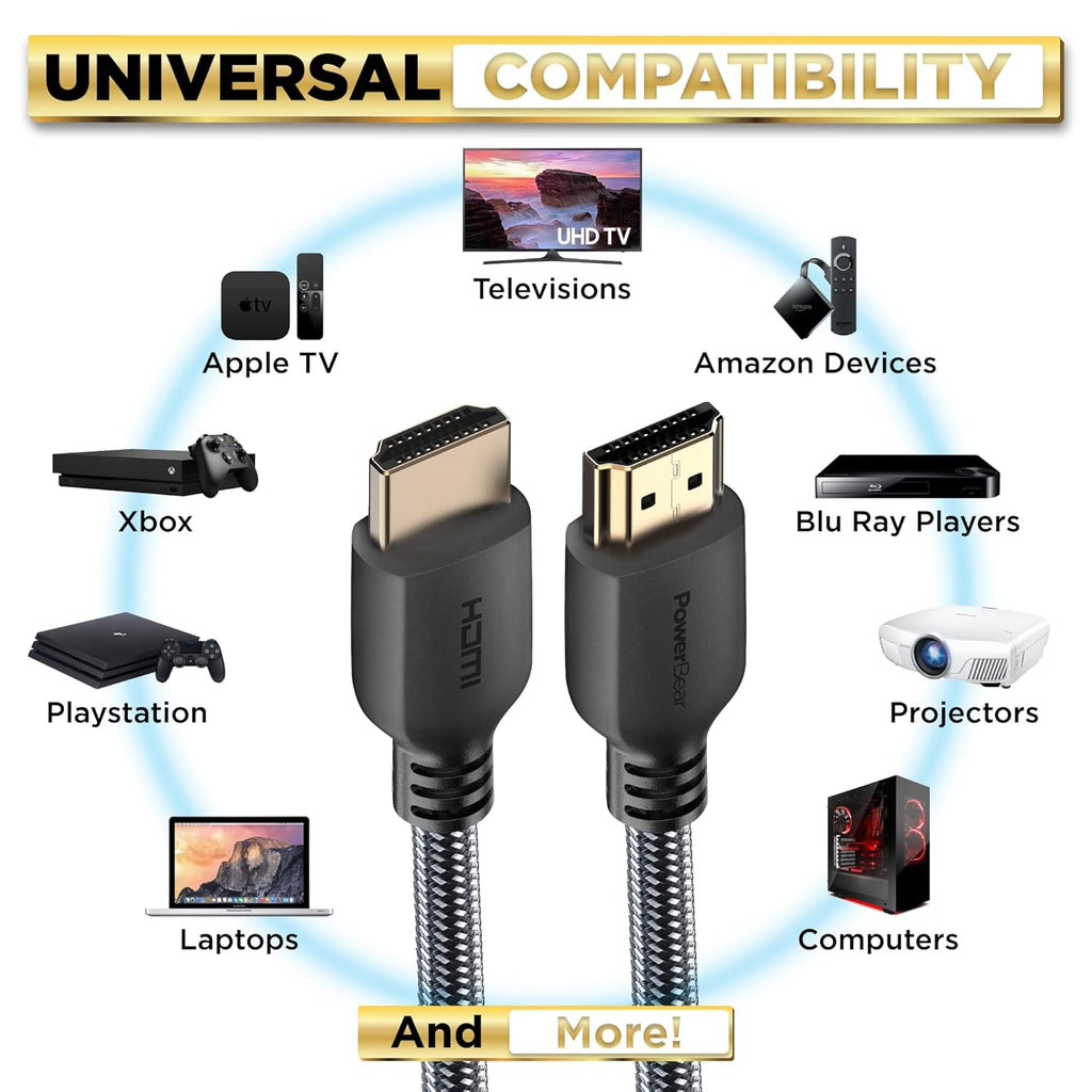 PowerBear 4K HDMI Cable 25 ft [2 Pack] High Speed, Braided Nylon & Gold Connectors, 4K @ 60Hz, Ultra HD, 2K, 1080P, ARC & CL3 Rated | for Laptop, Monitor, PS5, PS4, Xbox One, Fire TV, Apple TV & More