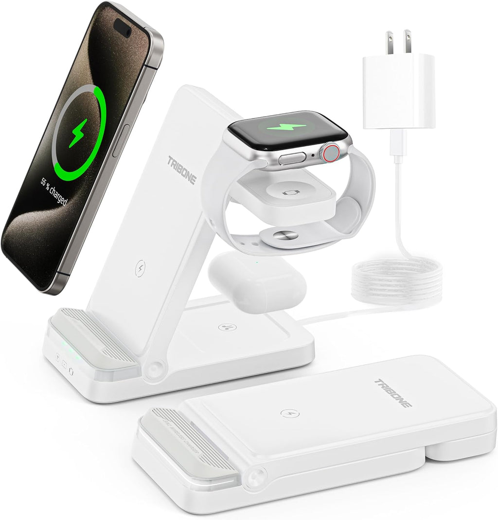 Wireless Charger, Tribone 3 in 1 Foldable Fast Charger for iPhone 17 16 15 14 13 12 11 Pro Max XR XS 8 Plus, for Apple Watch 11 10 9 8 7 6 5 4 3 2 SE Ultra,for AirPods Pro 4 3 2 (White)