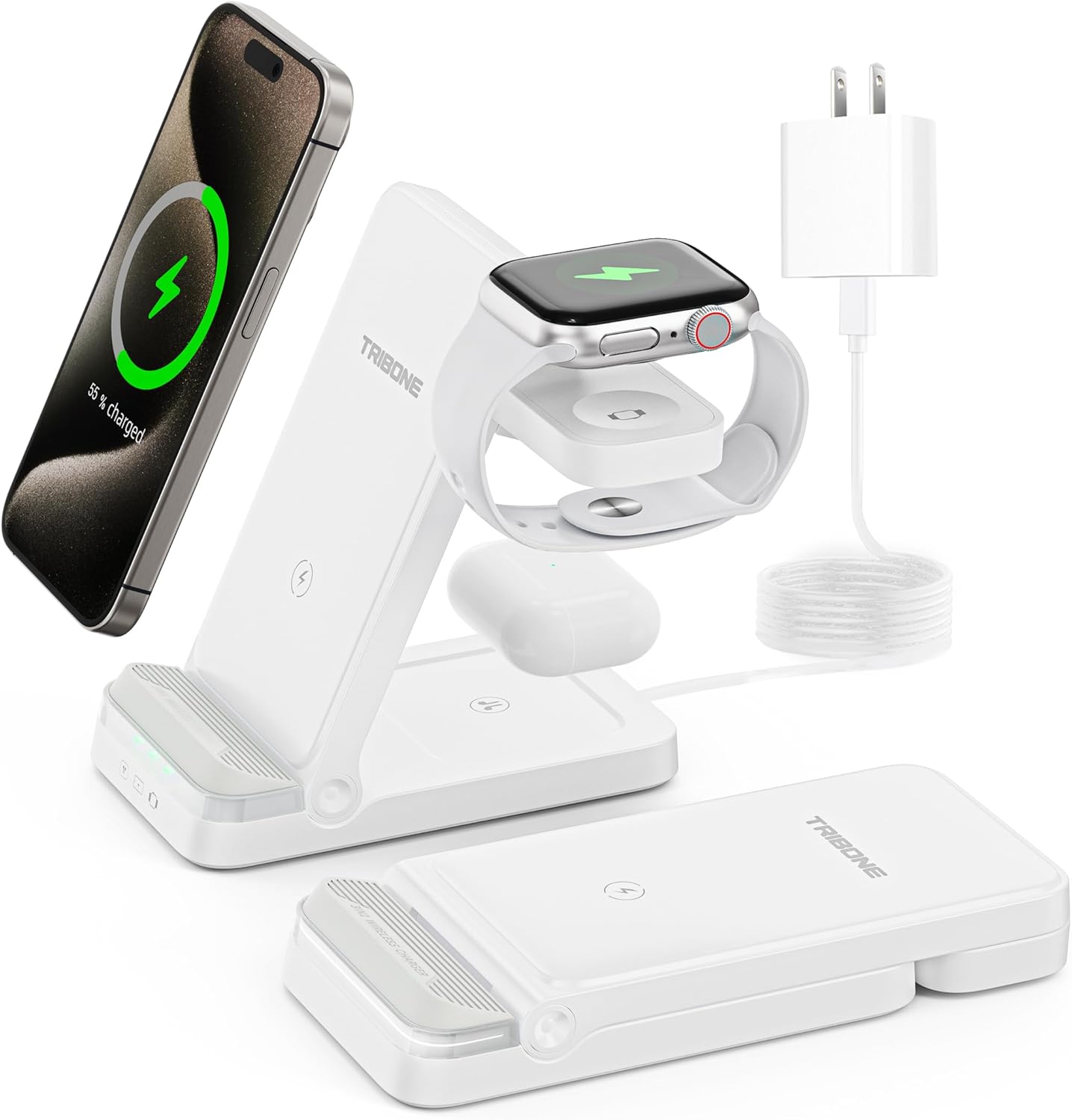 Wireless Charger, Tribone 3 in 1 Foldable Fast Charger for iPhone 17 16 15 14 13 12 11 Pro Max XR XS 8 Plus, for Apple Watch 11 10 9 8 7 6 5 4 3 2 SE Ultra,for AirPods Pro 4 3 2 (White)