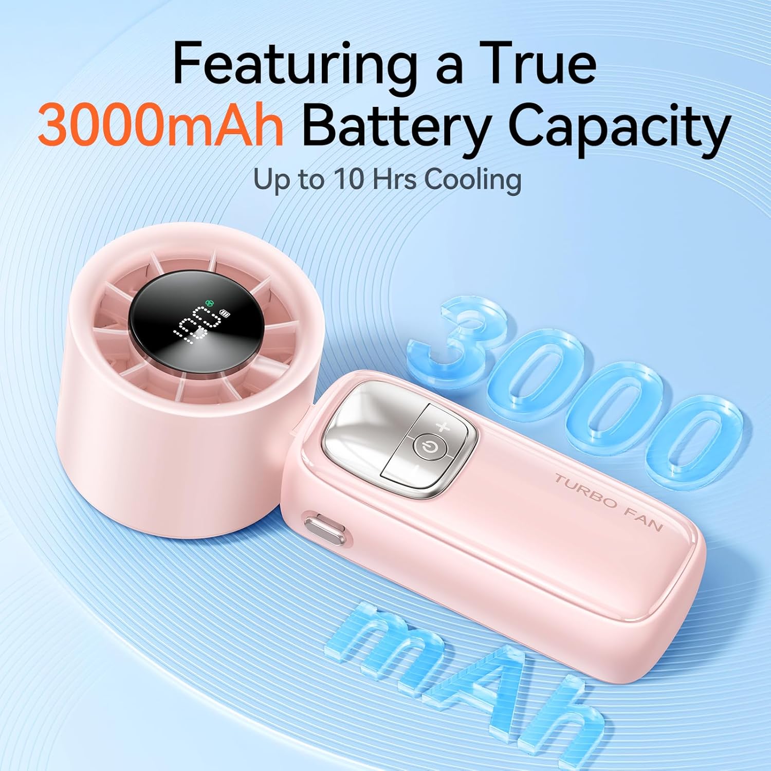 3-in-1 Portable Handheld Turbo Fan-100 Speeds, 15000 RPM, 10Hrs Cooling, LED Display, 90° Rotation, USB Rechargeable Battery Powered, Mini Foldable Hand Held Personal Fan for Women Men (Pink)