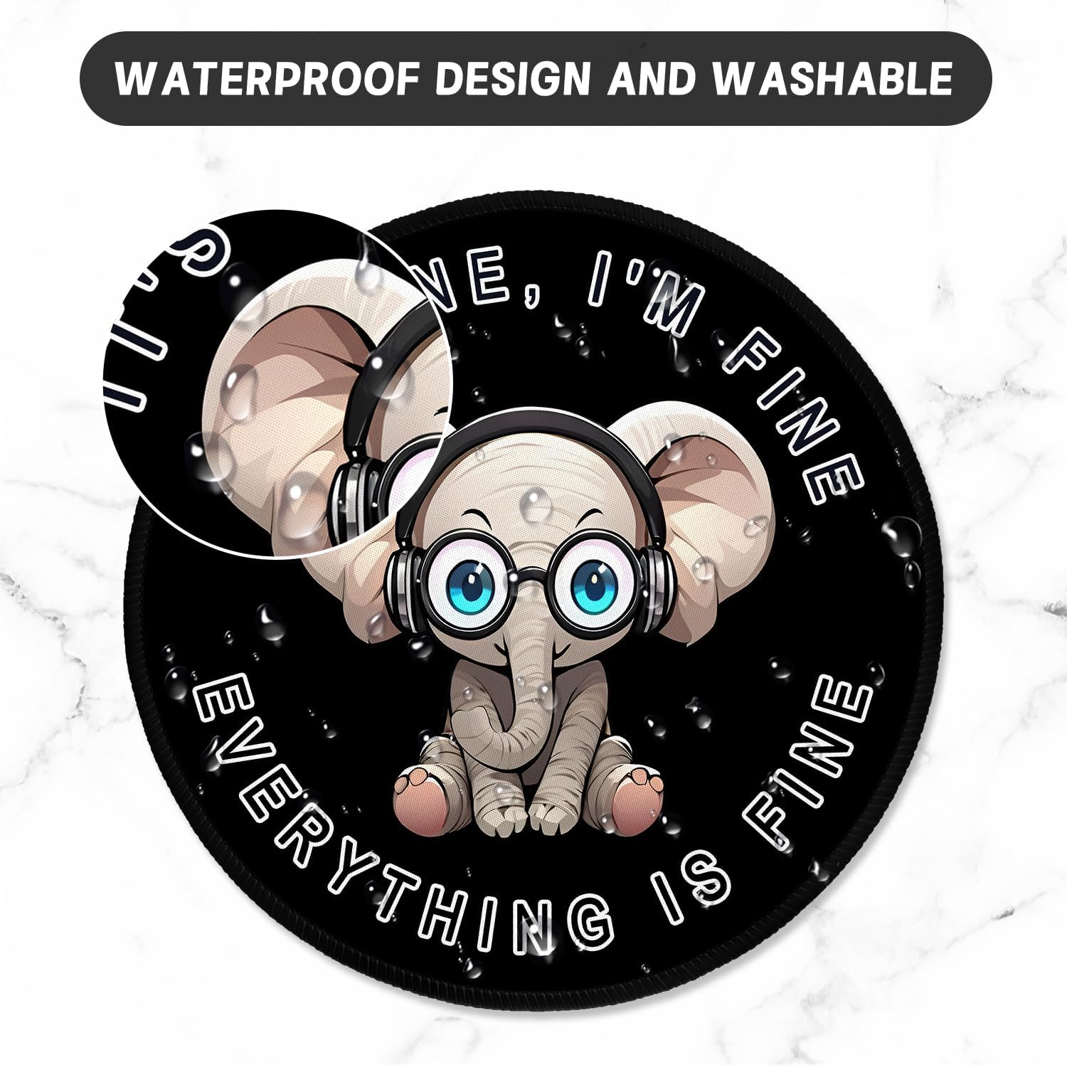 ITNRSIIET Round Mouse Pad with Stitched Edge Premium-Textured Waterproof Non-Slip Rubber Base Desktop Protection Mat Diameter 8.7 inches, Pretty Fine Elephant