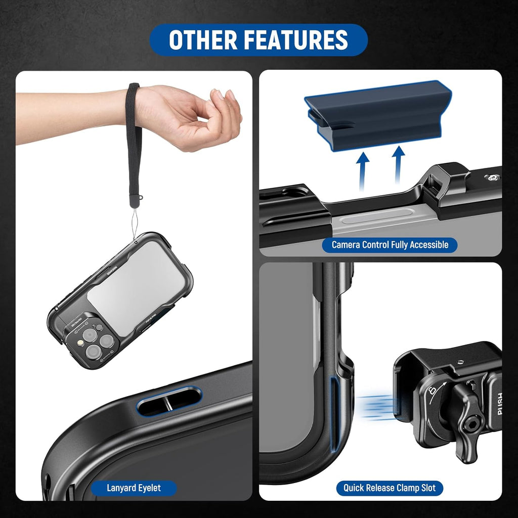NEEWER 16 Pro Cage, Quick Release Video Rig Phone Stabilizer Compatible with iPhone 16 Pro with Adapters of 67mm Filter, 17mm Lens & T Mount Lens, Full Camera Control Access, PA073