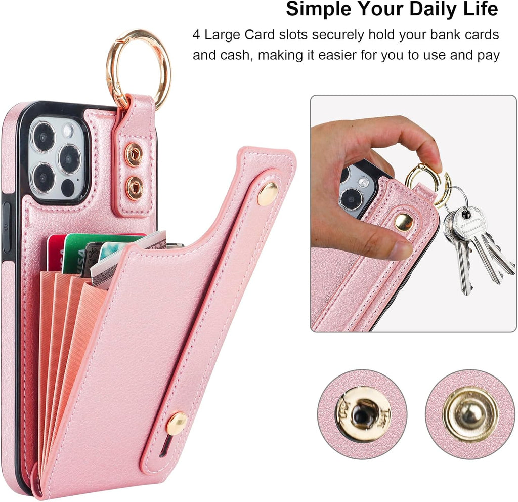 Folosu for iPhone 12/12 Pro Wallet Case with Card Holder, Hand Wrist Strap Loop Holder Kickstand, RFID Blocking Finger Grip Ring PU Leather Double Buttons Shockproof Cover 6.1" Rosegold
