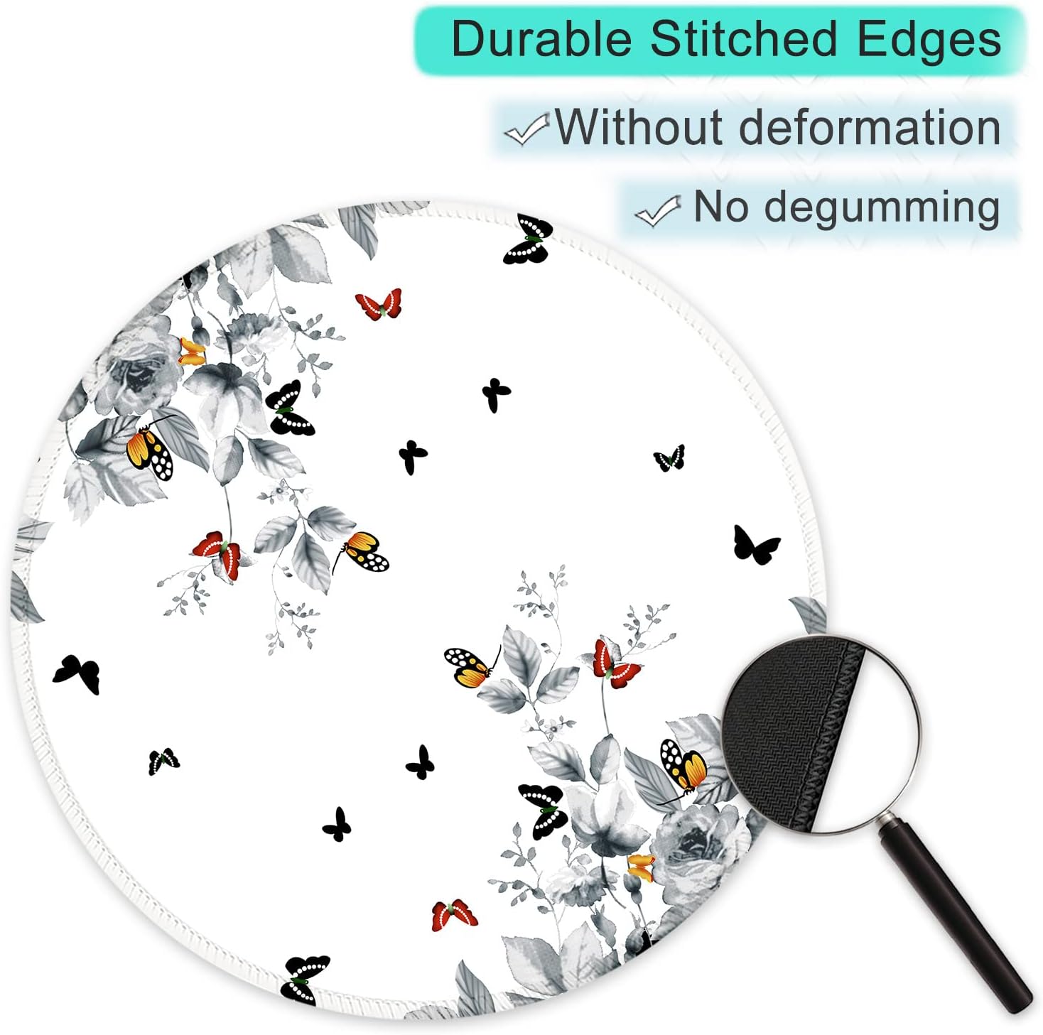 ITNRSIIET Round Mouse Pad with Stitched Edge Premium-Textured Waterproof Non-Slip Rubber Base Desktop Protection Mat Diameter 8.7 inches, Flowers and Butterflies