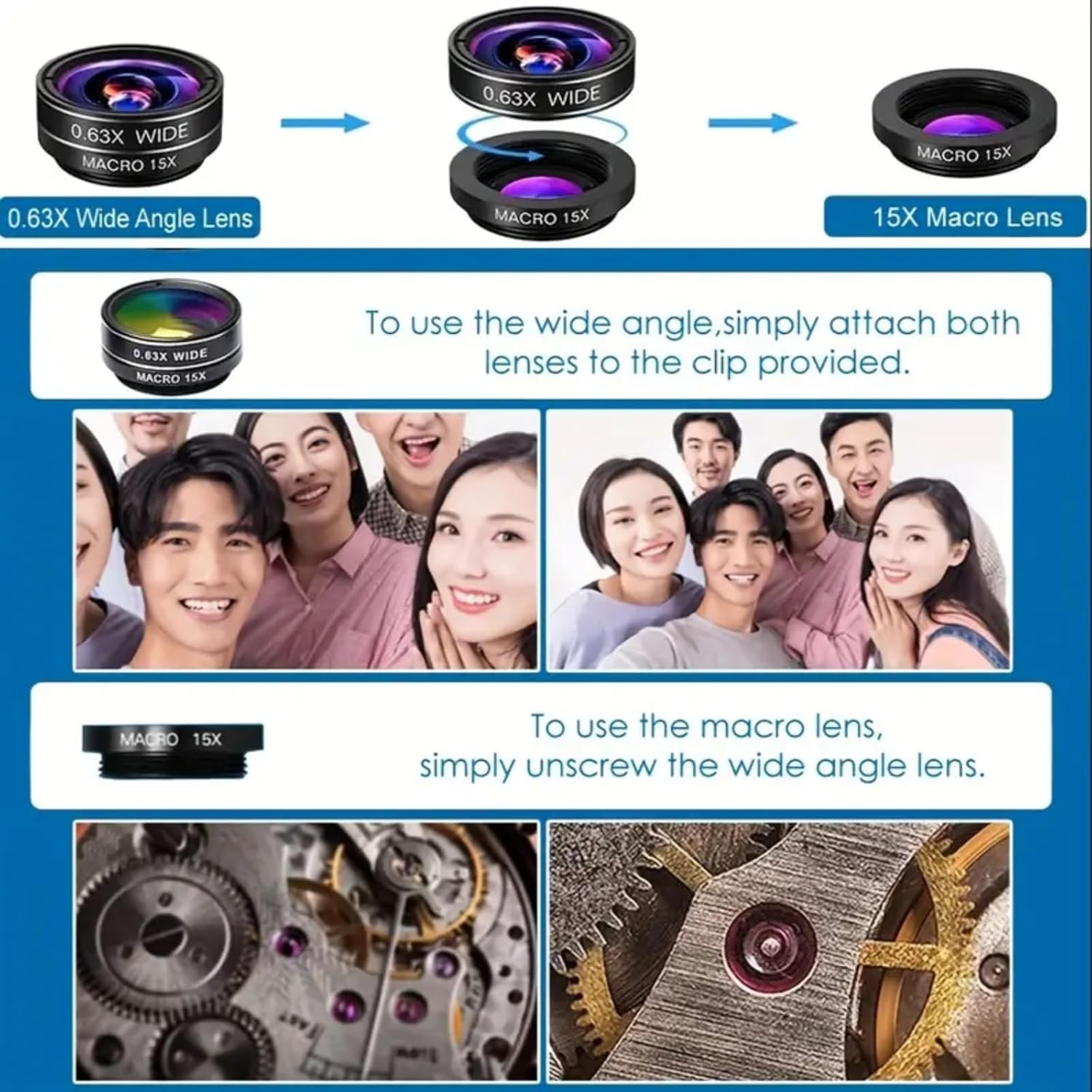 Universal 7-in-1 Mobile Phone Camera Lens Kit, Funny Cell Phone Lens for iPhone, for Samsung, for Android Smartphone, Universal Clip on Wide Angle+Macro+ Fish Eye Camera Lenses attachments Accessory