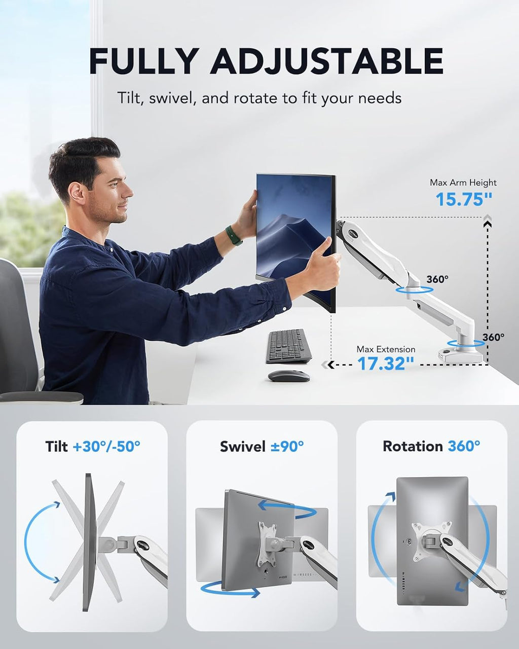 HUANUO Single Monitor Mount, 13 to 32 Inch Gas Spring Monitor Arm, Adjustable Stand, Vesa Mount with Clamp and Grommet Base - Fits 4.4 to 19.8lbs LCD Computer Monitors