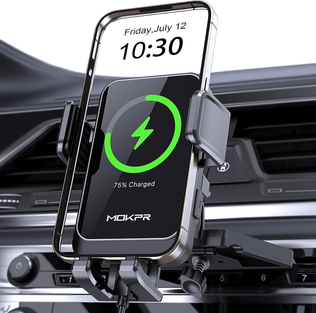 Wireless Car Charger, MOKPR 15W Fast Charging Auto Clamping CD Slot Air Vent Car Phone Holder with LED Light Car Charger for iPhone 16/15/14/13/12 Pro Max Plus, Samsung S23/S22/S21,etc
