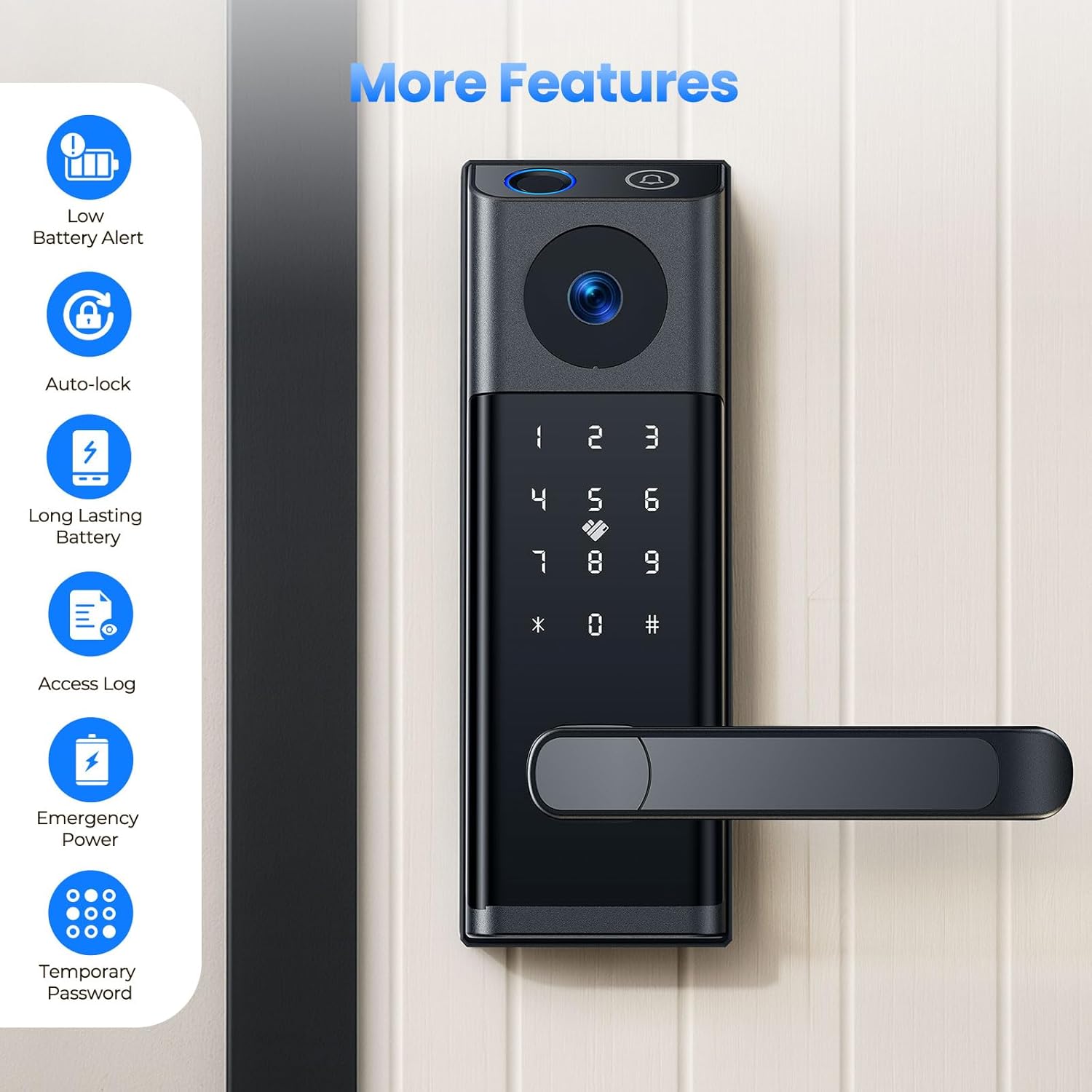CAMCAMP WiFi Video Smart Lock with Camera & Doorbell, Keyless Entry Door Lock with Handle for Front Door, Five Ways to Unlock Fingerprint, App, Key, Fob, Keypad, Auto Lock, Easy to Install