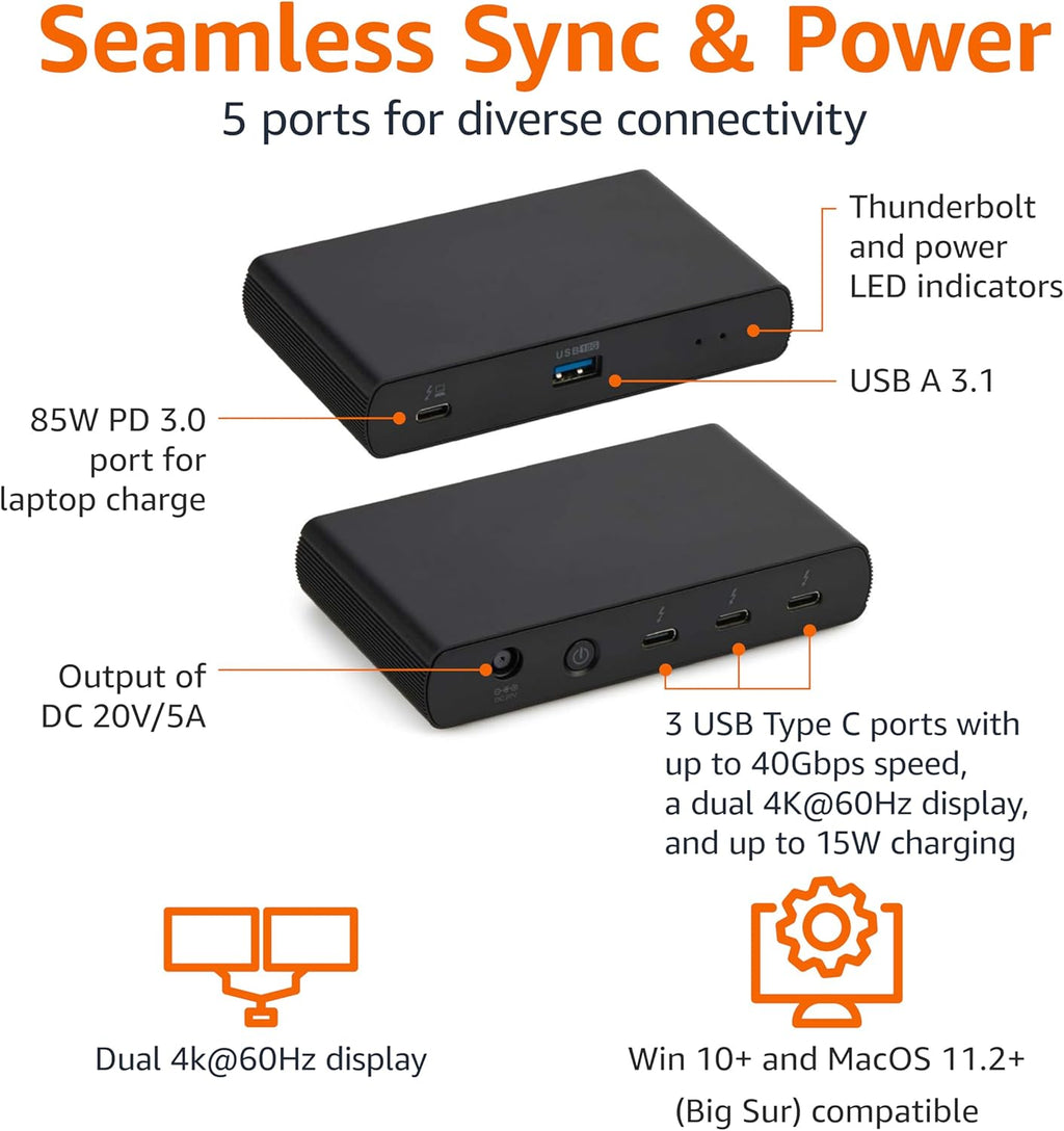 Amazon Basics Thunderbolt4/USB4 Docking Station, 3X Downstream TBT4 (Dual Display), 1xUSB A 3.1, Black, ‎4.76 x 2.84 x 0.86 inches