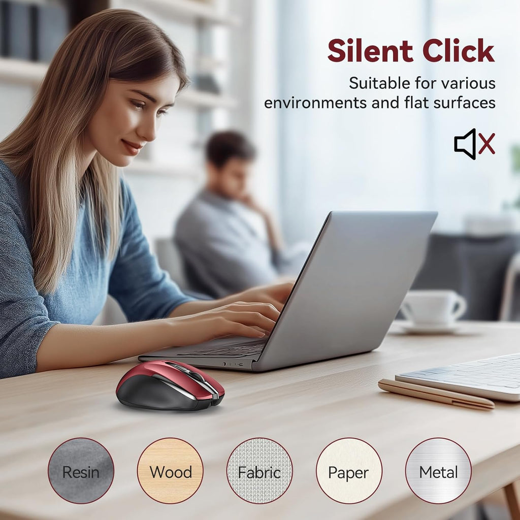 Bluetooth Mouse (BT5.0/3.0 & 2.4G) Rechargeable Wireless Mouse, 4800 DPI Optical Tracking, 6 Adjustable DPI, 2.4GHz with USB A Receiver, Quiet Clicks, Ergonomic Grips, 6 Buttons - Red