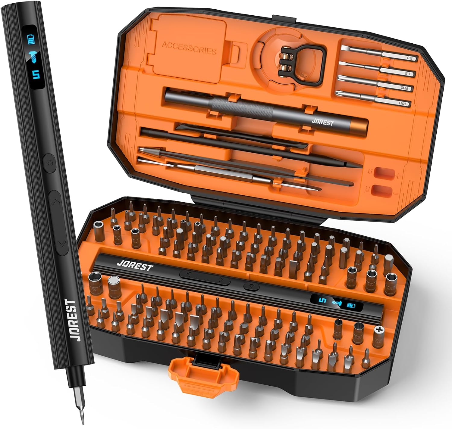 JOREST 155 in 1 Mini Electric Screwdriver Cordless, Precision Power Screwdriver Set, 5 Torque Levels (Max 0.75N.m), Gifts for Men, Magnetic Repair Tool Kit for iPhone, PC, Laptop, PS4 PS5, Xbox, Watch