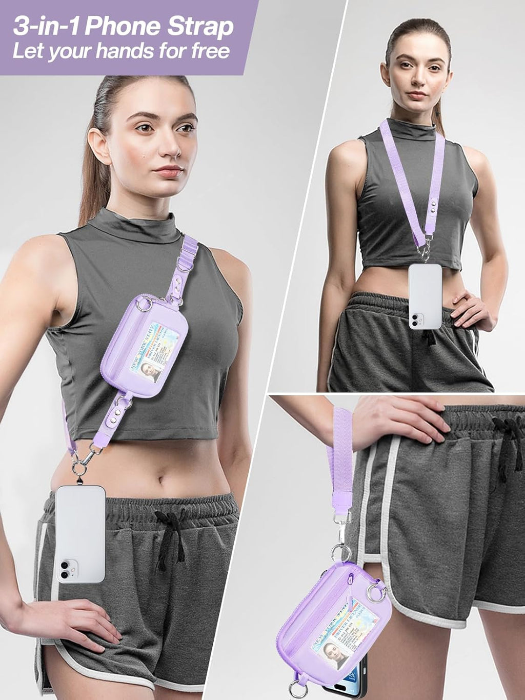Clip and Go Strap for Phone with Wallet Crossbody Phone Lanyard Adjustable and Detachable RFID Wristlet Wallet with ID Window and Zipper, Purple Large.