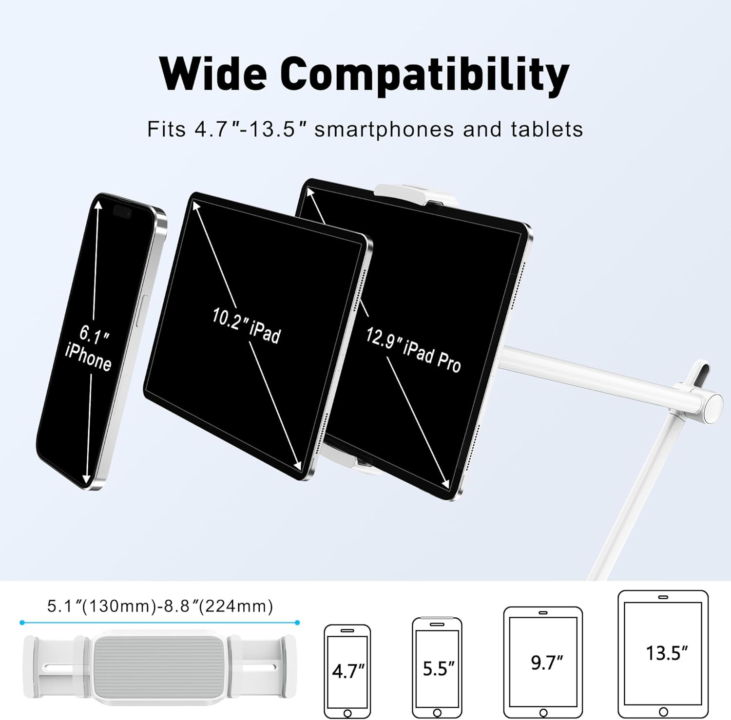 AboveTEK Tablet Stand Holder, Aluminum iPad Holder for Desk & Bed, Adjustable iPad Arm Clamp Mount with 360° Rotation, Overhead Compatible with 4.7"-13.5" iPads Pro/Air/Mini, iPhone, Galaxy Tab- White