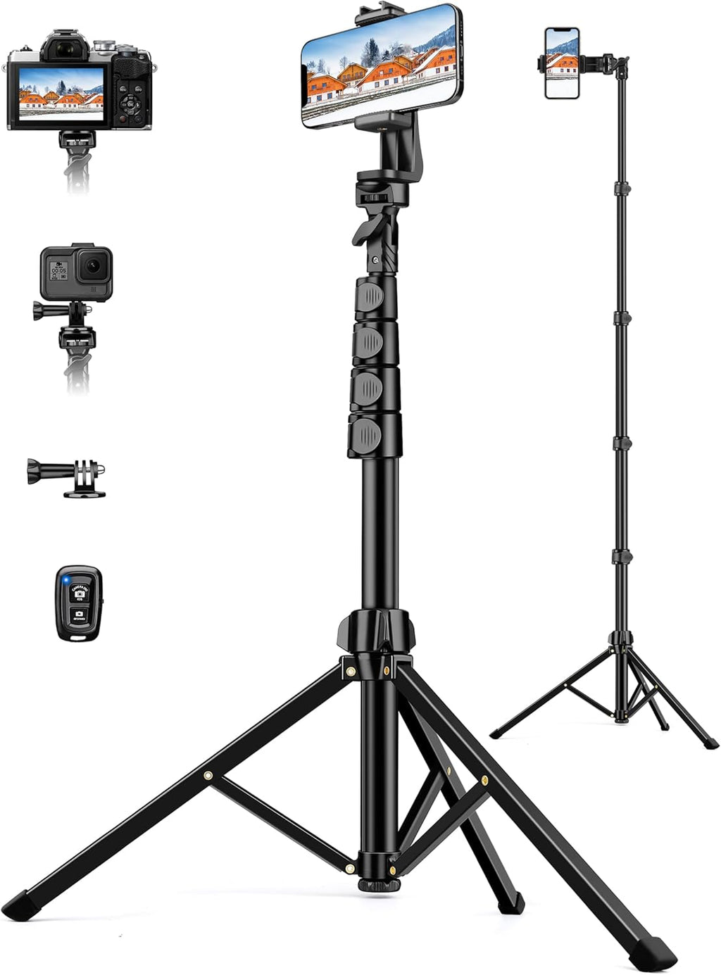 Phone Tripod, 71" Portable Cellphone Tripod Stand with Remote & Phone Holder, Camera Stand for iPhone, Compatible with Camera iPhone/Android Smartphone/Gopro