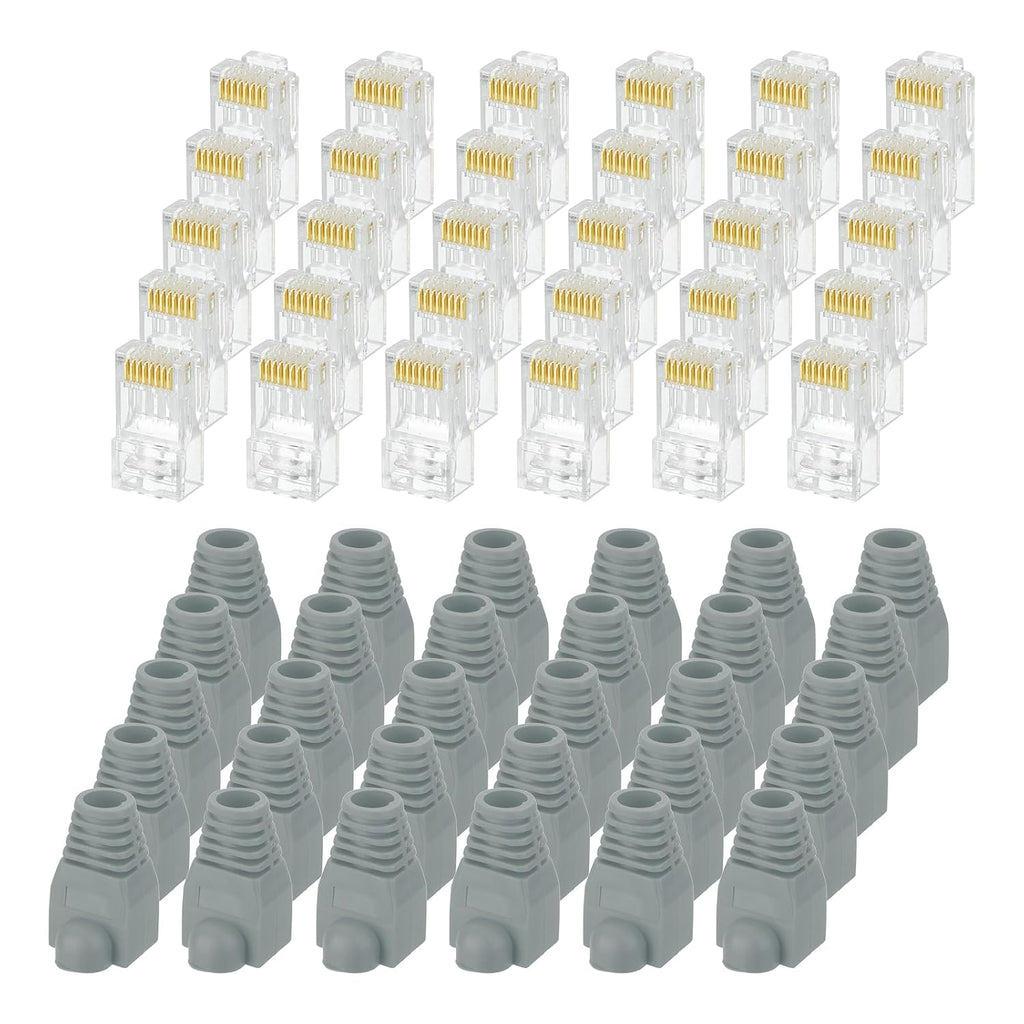 MECCANIXITY 30pcs Cat6 RJ45 Pass Through Connectors, RJ45 Connector 8P8C Gold Plated Plugs with 30pcs Dark Grey Strain Relief Boots for Solid or Stranded UTP Ethernet Cable, 1.1mm