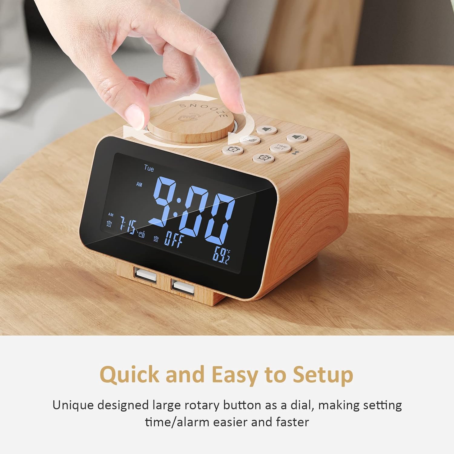 USCCE Digital Alarm Clock Radio - 0-100% Dimmer, Dual Alarm with Weekday/Weekend Mode, 6 Sounds Adjustable Volume, FM Radio w/Sleep Timer, 2 USB Charging Ports, Thermometer, Battery Backup(Wood Grain)