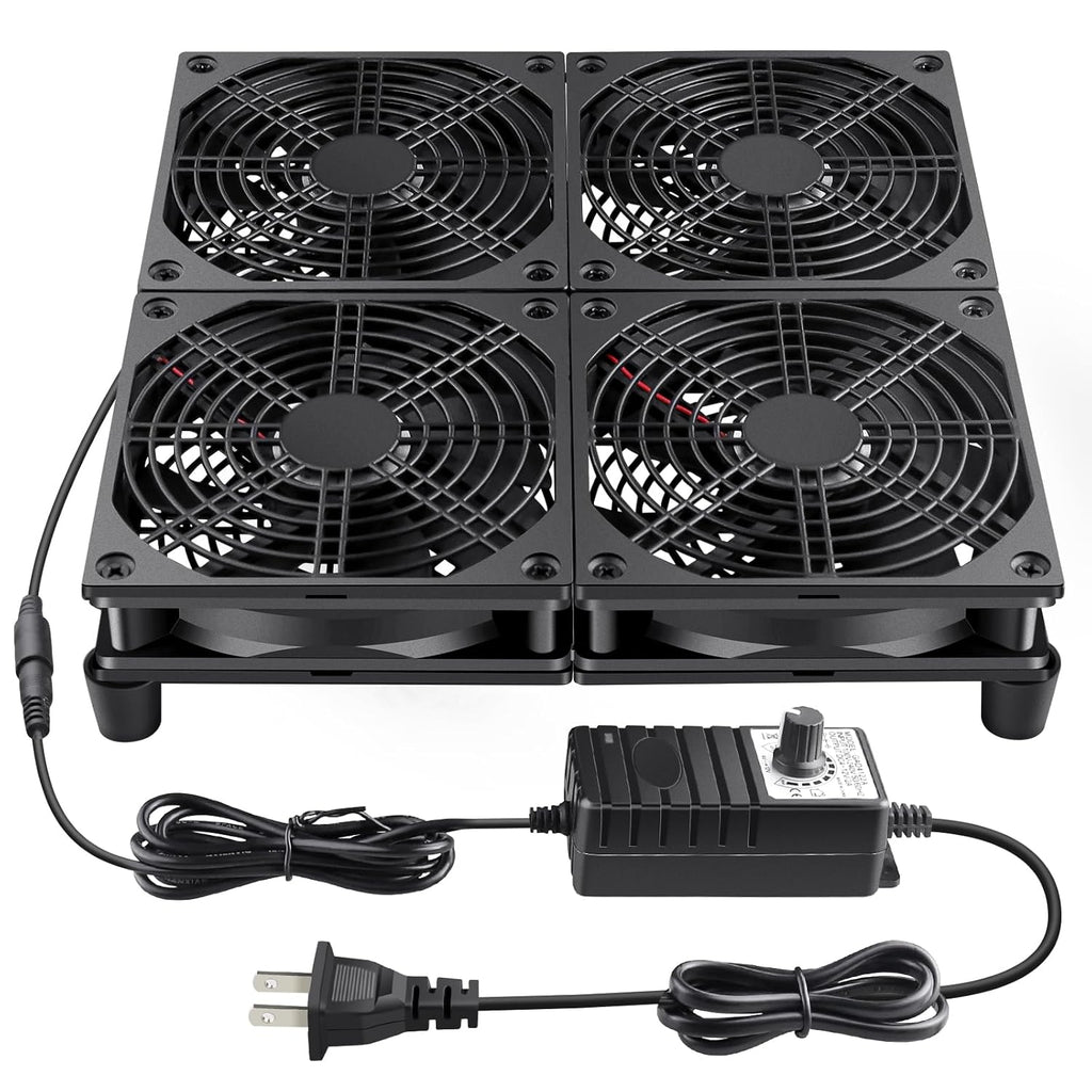 Wathai 120mm x 4 Router TV Box Fan 110v - 240v Big Airflow with Speed Control for DIY Gaming Consoles, Amplifiers, Xbox, Laptop Stand, Mining Machines Devices Cooling