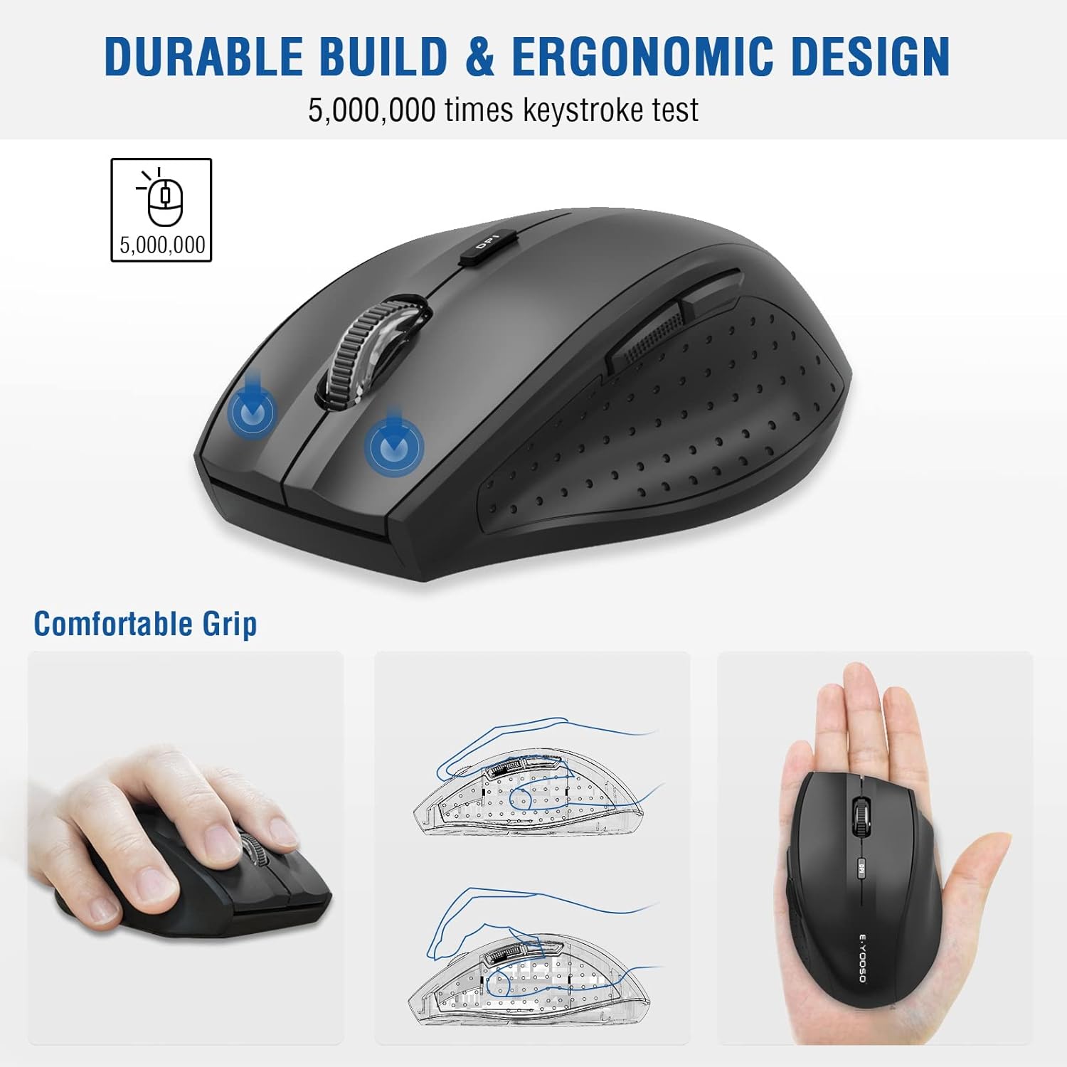 E-YOOSO Wireless Mouse for Laptop, Portable Optical Computer Mouse, 6 Buttons, Cordless 2.4GHz with USB Receiver, 5-Level 4800 DPI, 18 Months Battery Life, for PC, Chromebook, Windows, Mac(Black)
