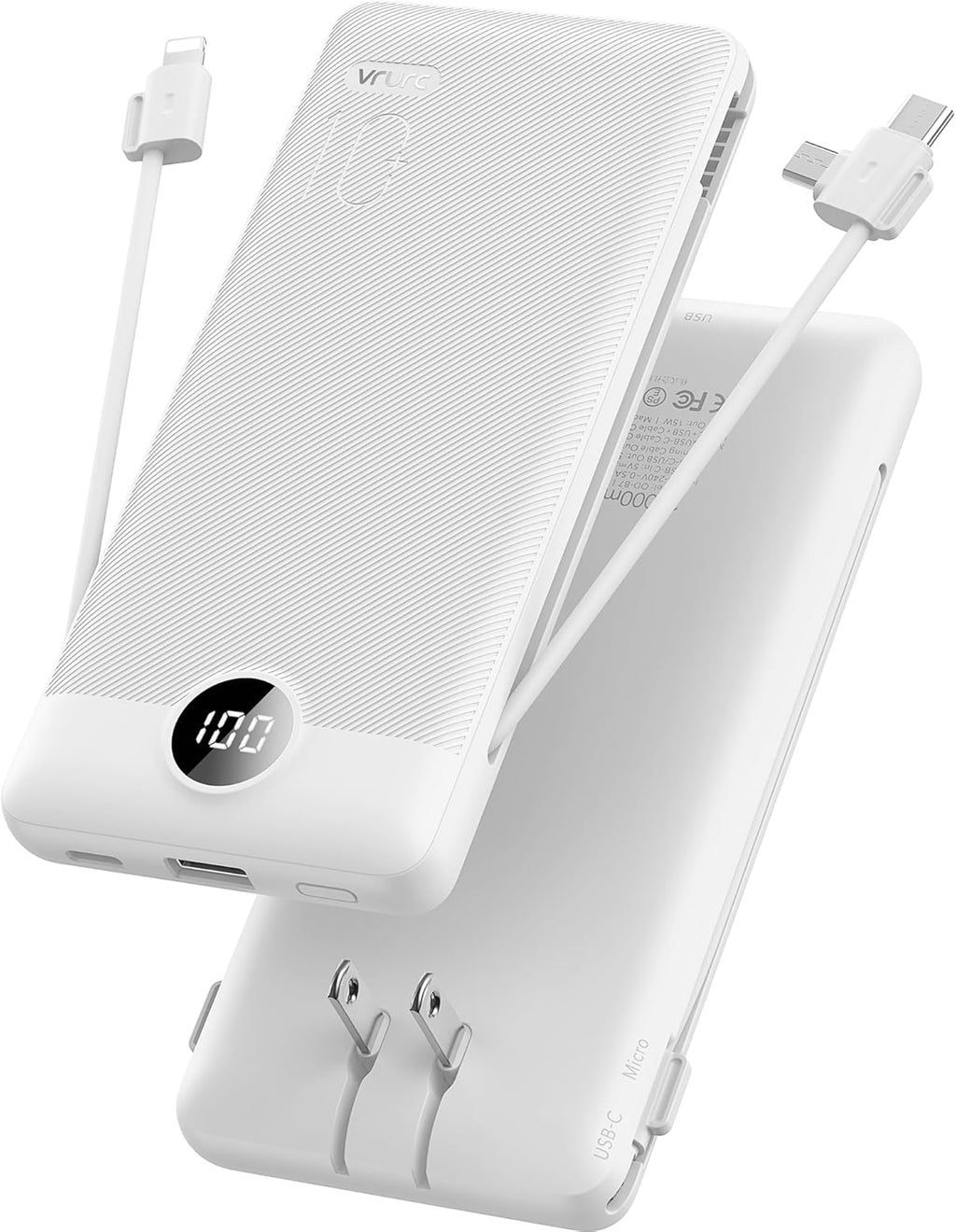 VRURC Portable Charger,Power Bank Built-in Cables and AC Wall Plug, USB C Portable Bank 10000mAh, Travel Essentials Phone Charger Compact External Battery Pack for Smart Phones, Tablets etc-White