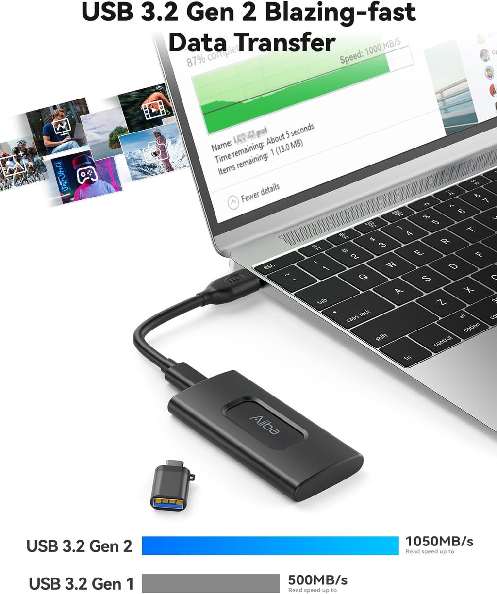 Aiibe 2TB External Solid State Drive USB C Portable SSD USB 3.2 Gen 2, Up to 1050MB/s, 2TB External SSD External Hard Drive for iPhone 15/Pro, Laptop, Mac and PS4 (Black)