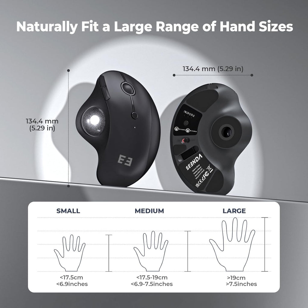 seenda Wireless Trackball Mouse Ergonomic - Bluetooth Rollerball Mouse Rechargeable, Multi Devices Connection Thumb Control Mice Compatible for Mac/Android/Windows Computers - Black