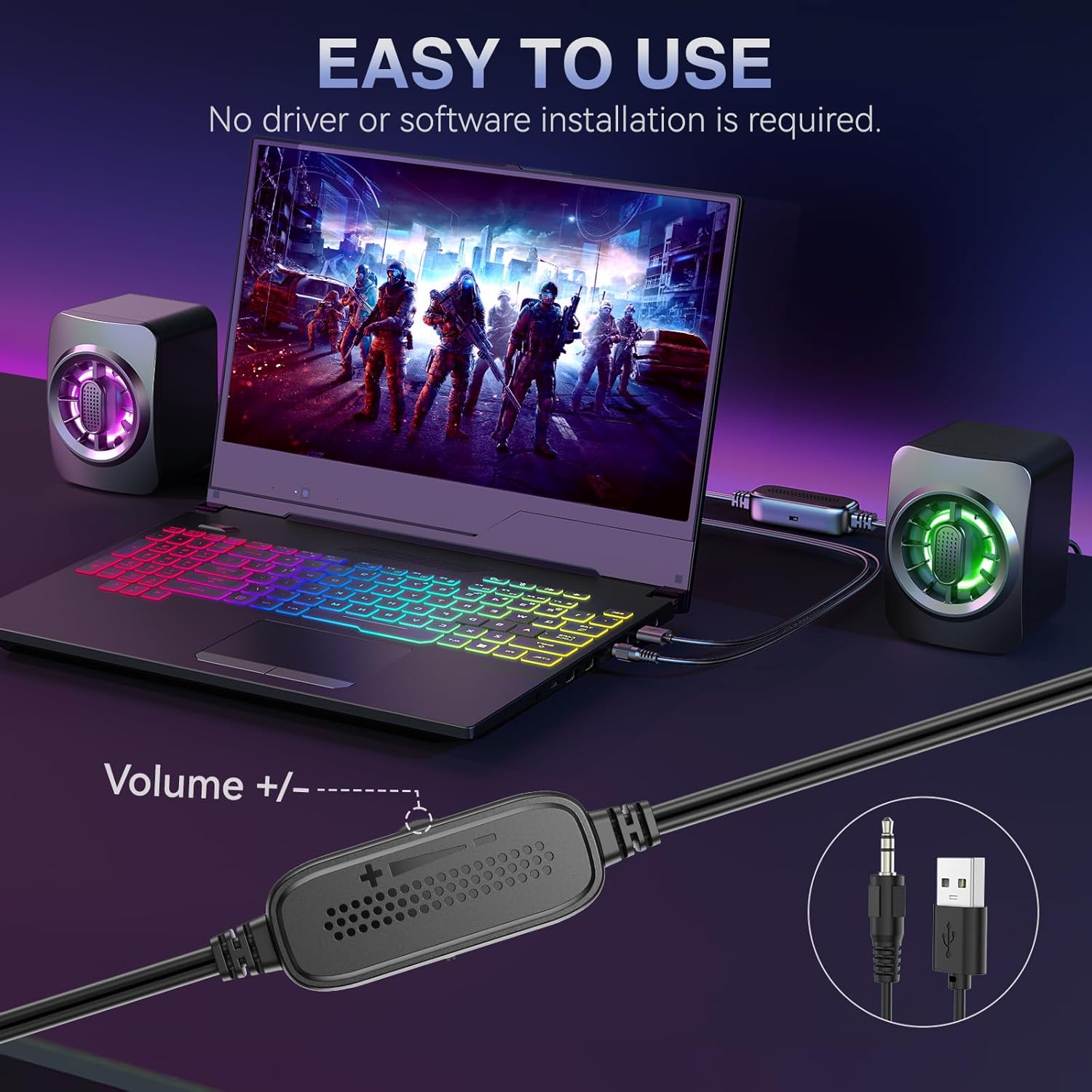 Computer Speakers,RGB PC Speakers, USB Powered 3.5mm Aux Speaker for Desktop, PC, Laptop, Tablet - Small Computer Speakers | Clear Sound & 7-Color Dynamic Lighting
