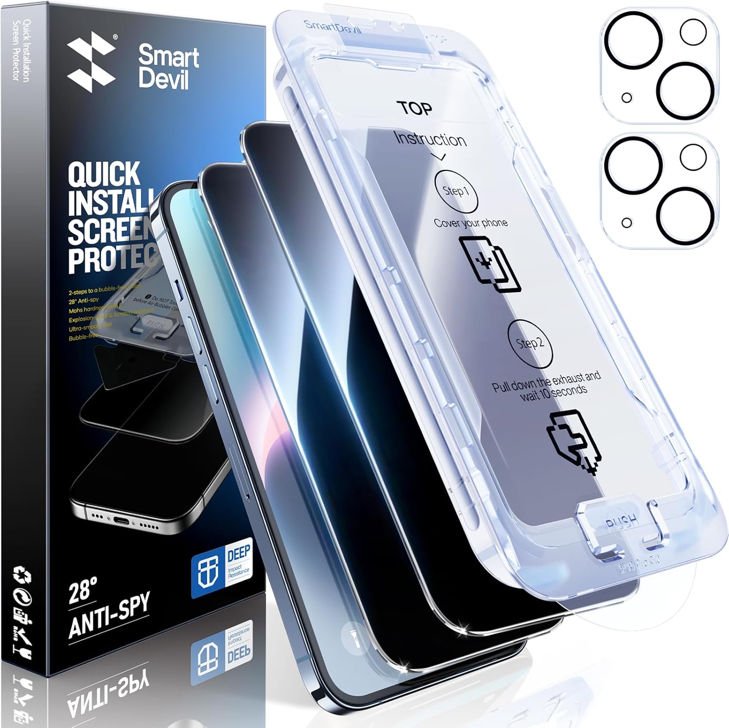SMARTDEVIL 2+2Pack Privacy Screen Protector for iPhone 14 Plus with Camera Lens Protector,Shatterproof Tempered Glass [True 28°Anti Spy][9H Hardness][Automatic Dust-Elimination Install][Bubble Free]