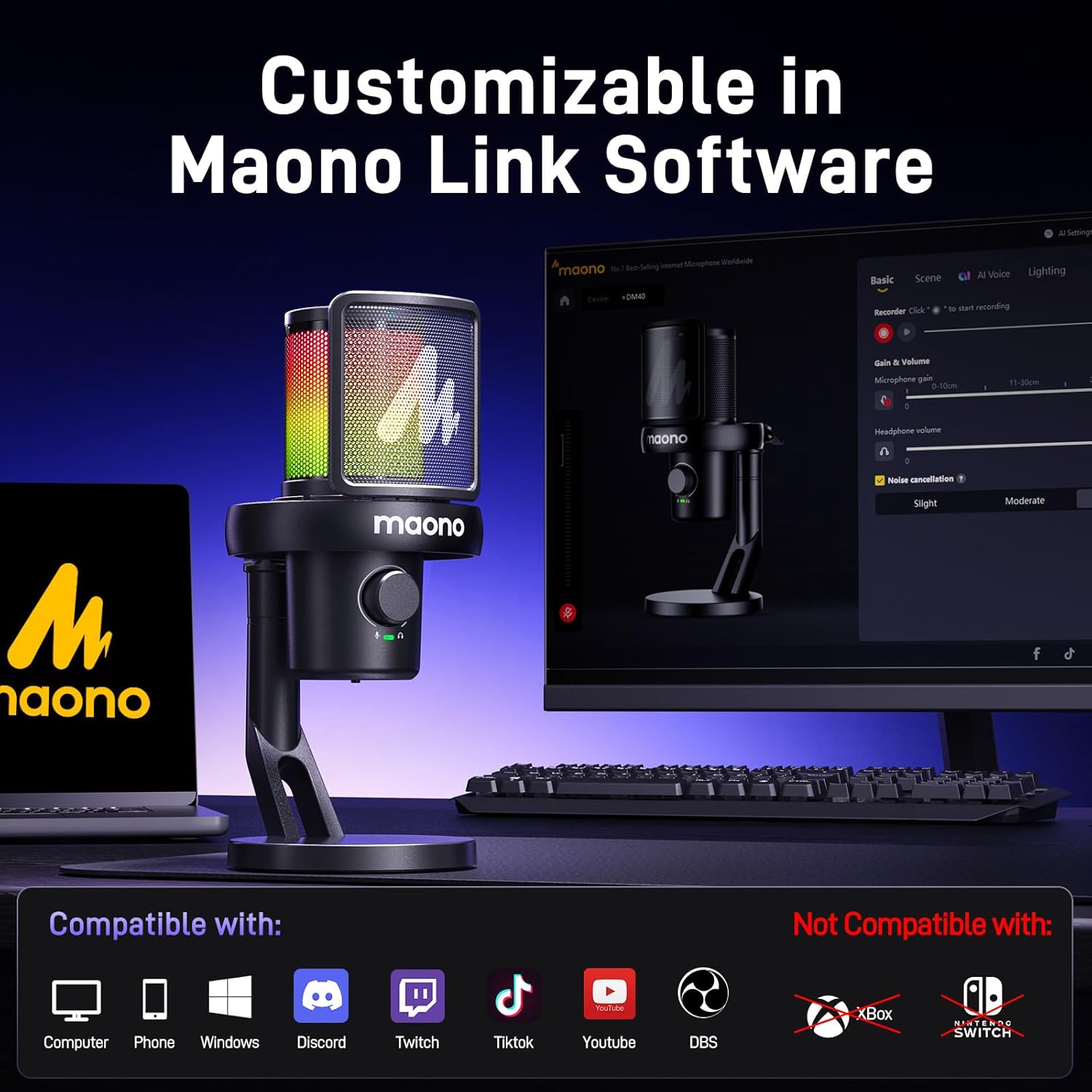 MAONO Wireless Microphone for PC,Gaming Streaming Condenser Mic with Software AI Voice Change,3-Level Noise Cancellation,Custom EQ,Gain Control USB Mic for Podcast Recording (DM40-Black)