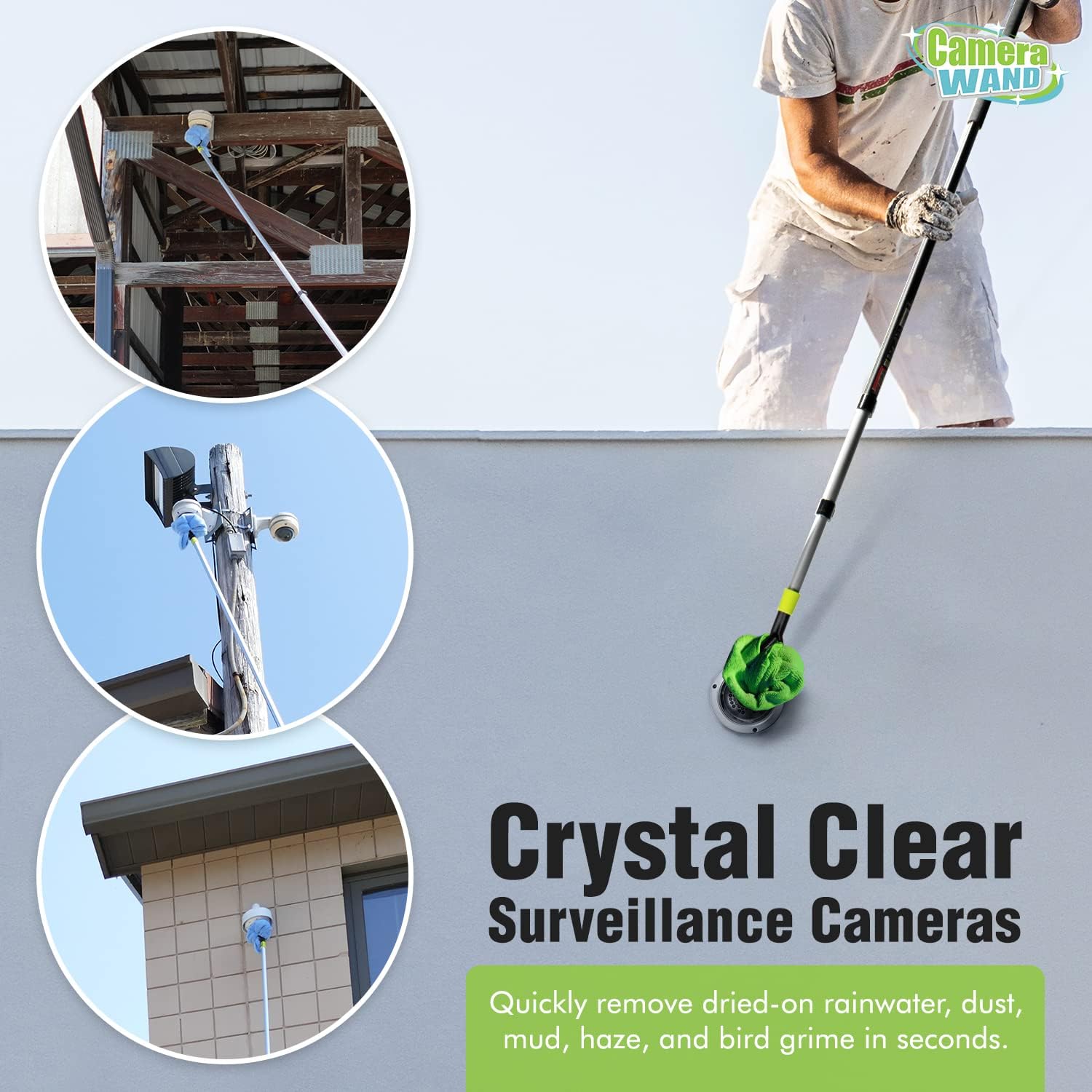 Surveillance/Security Camera Cleaning Tool - Safely from The Ground - with Cleaning Solution & Re-usable Microfiber Towels