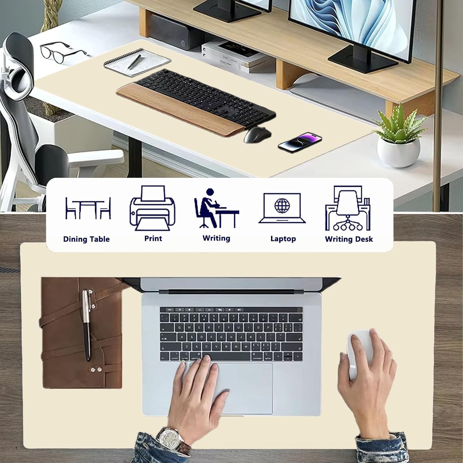 PU Leather Desk Pad Protector Gaming Mouse Pad Non Slip Desk Mat for Keyboard and Mouse Waterproof Desk Writing Pad for Office and Home Desk Accessories(Beige, 47.2 * 17.7)
