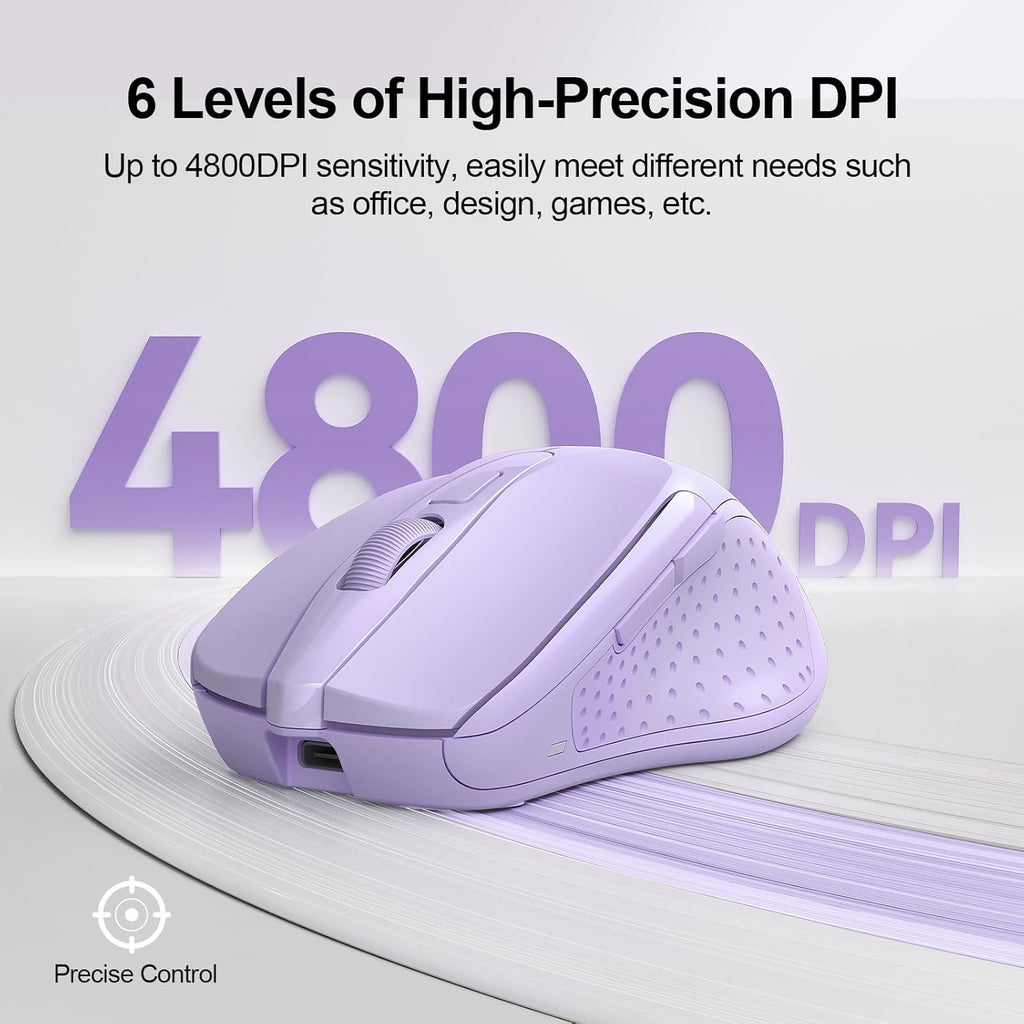 TECKNET Wireless Mouse (BT5.0/3.0 & 2.4G) Rechargeable 4800 DPI Silent USB A & Bluetooth Mouse 6 Buttons, Wide Compatibility - Lavender