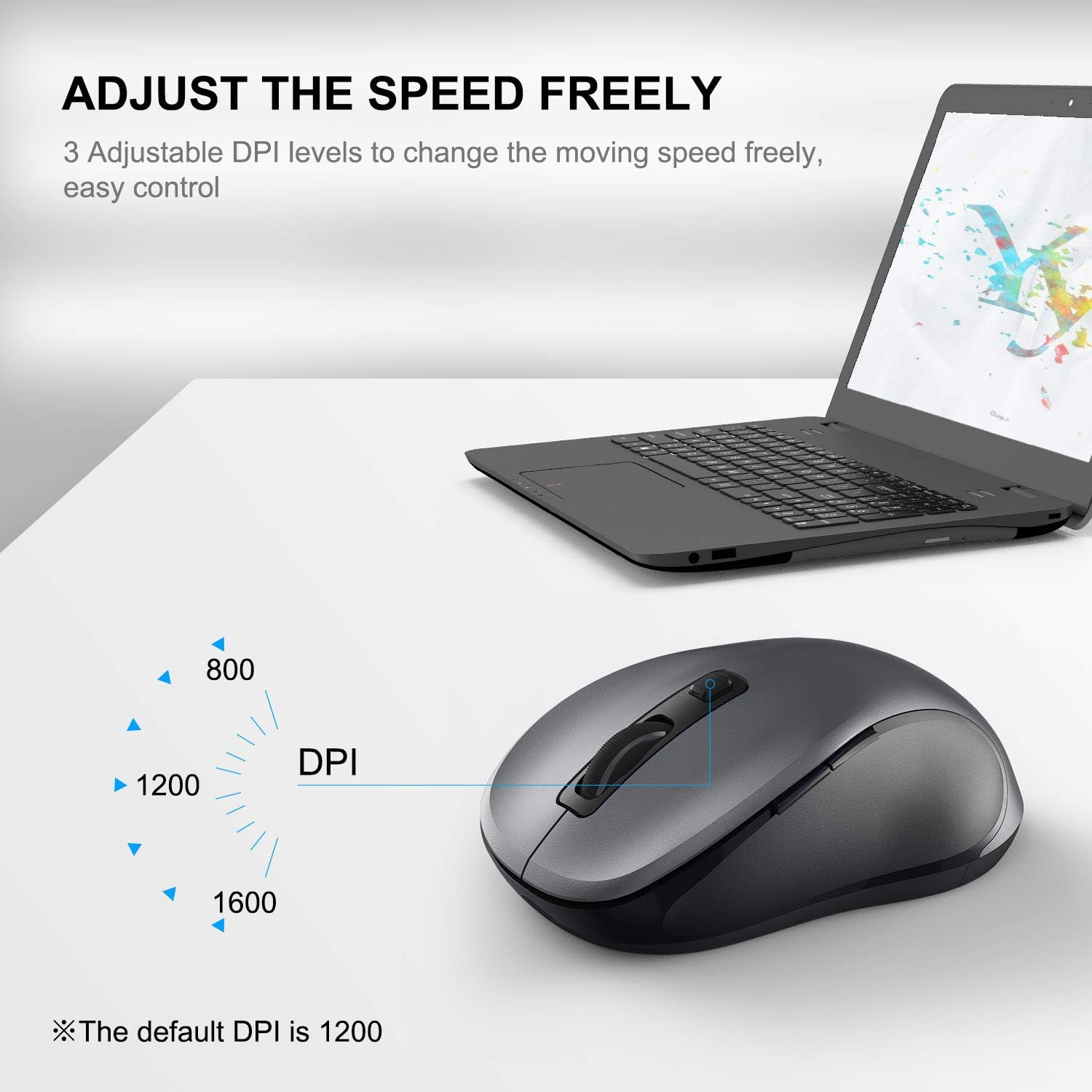 WisFox 2.4G Wireless Mouse for Laptop, Ergonomic Computer Mouse with USB Receiver and Type-C Adapter, 3 Adjustable Levels, 6 Button Cordless Mice for Windows Mac PC Notebook (Grey and Black)