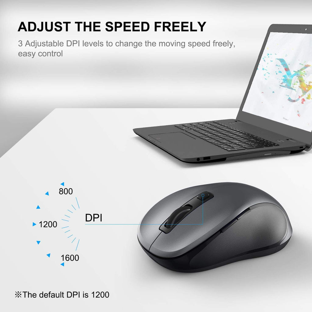 WisFox 2.4G Wireless Mouse for Laptop, Ergonomic Computer Mouse with USB Receiver and Type-C Adapter, 3 Adjustable Levels DPI, 6 Button Cordless Wireless Mice (Grey)
