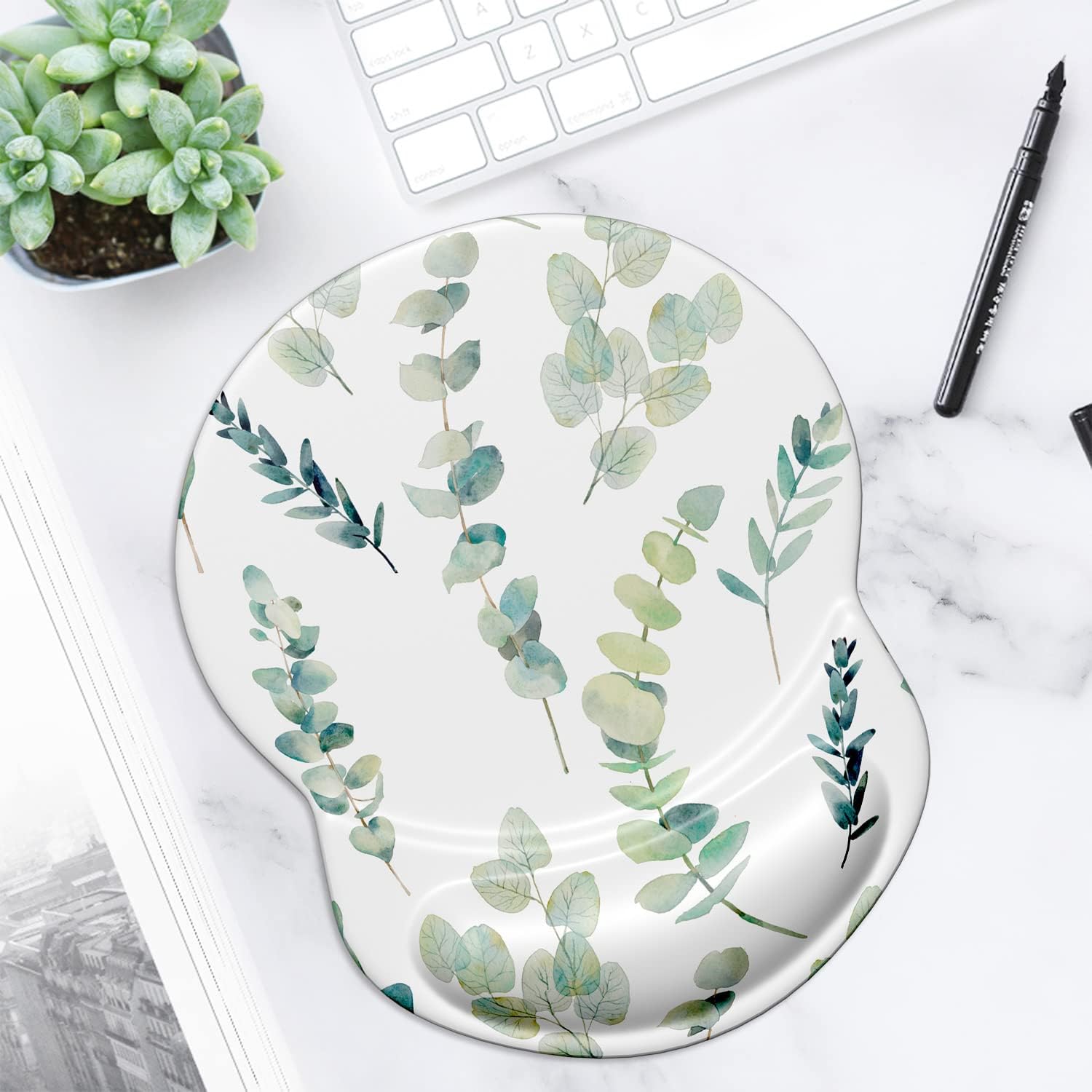 ITNRSIIET Ergonomic Mouse Pad with Gel Wrist Support Small Wrist Rest Smooth Surface Non-Slip PU Base Comfortable Office Supplies Pain Relief, 8.7 x 7.2 inches, Eucalyptus Branches