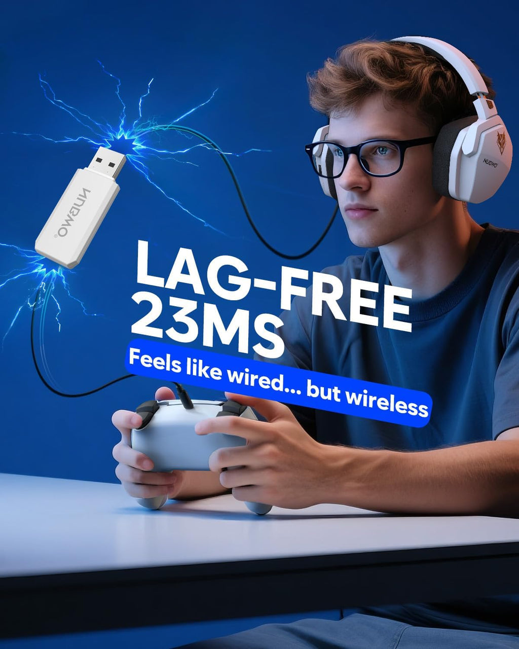 NUBWO Wireless Gaming Headset, 5.3 Bluetooth Gaming Headphones for Ps5, Ps4 Fortnite & Call of Duty/FPS Gamers, PC, Ns, 2.4GHz Headphone with 100Hr Battery, Flip Noise Canceling Microphone - White