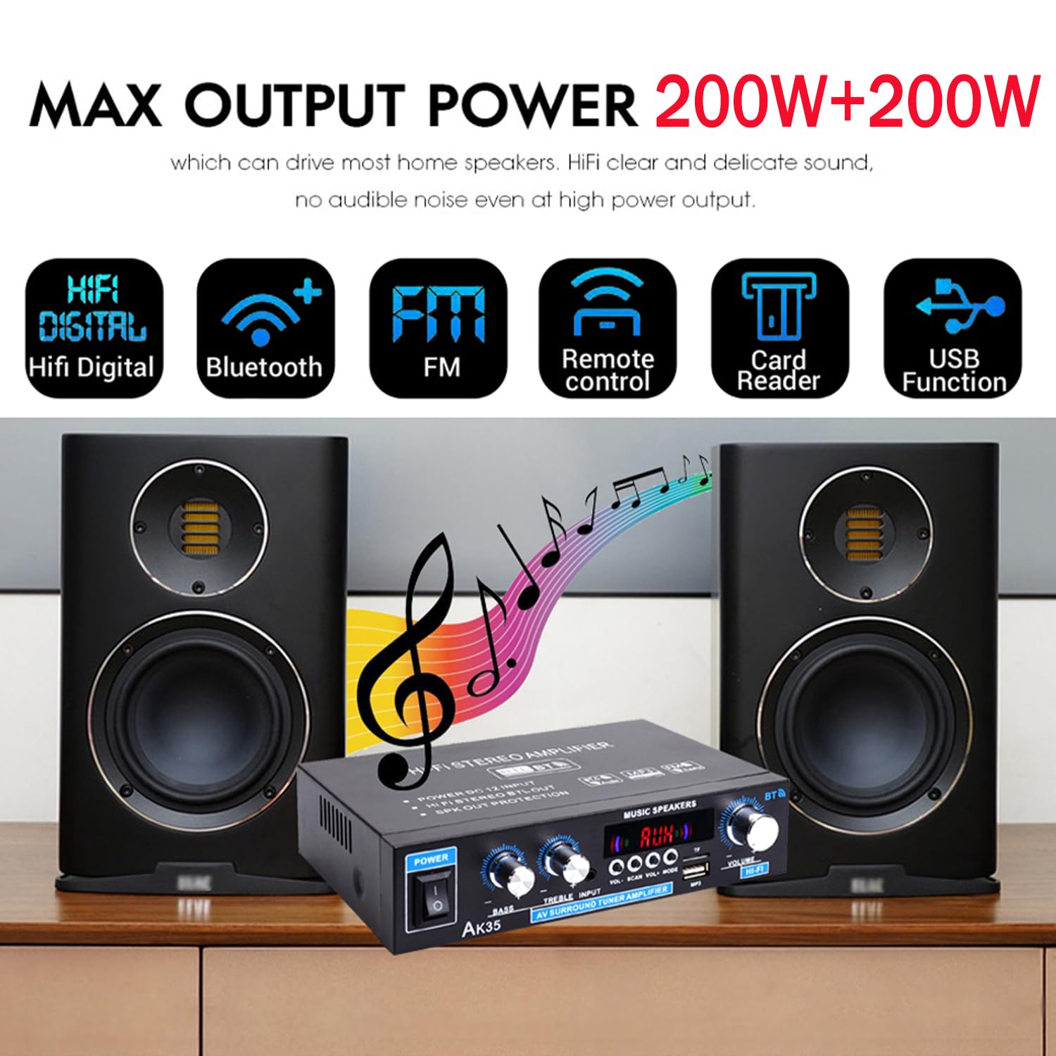 AK35 Stereo Amplifier Home Audio Bluetooth 5.0 Max 200W 2.0 Channel Mini Amplifier Stereo Receivers for Car, Home Party, Audio Amplifier AMP w/USB/TF Card/AUX Input/Bass & Treble Control