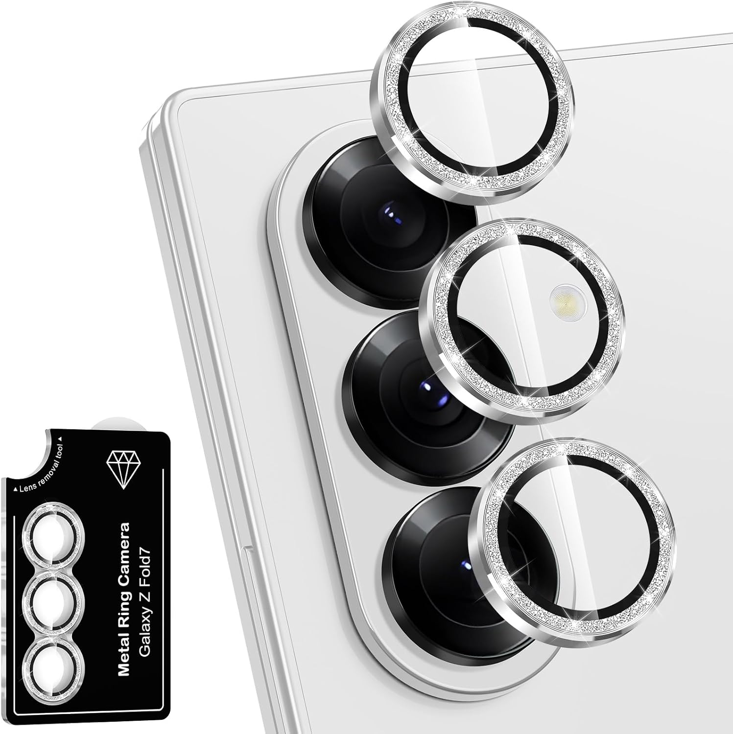 for Samsung Galaxy Z Fold 7 Camera Lens Protector, Individual Metal Ring Tempered Glass Lens Cover, [Strong Adsorption] Scratch Resistant Ultra-Thin HD Clear Lens Cover, 1 Set-Silvery Sparkly