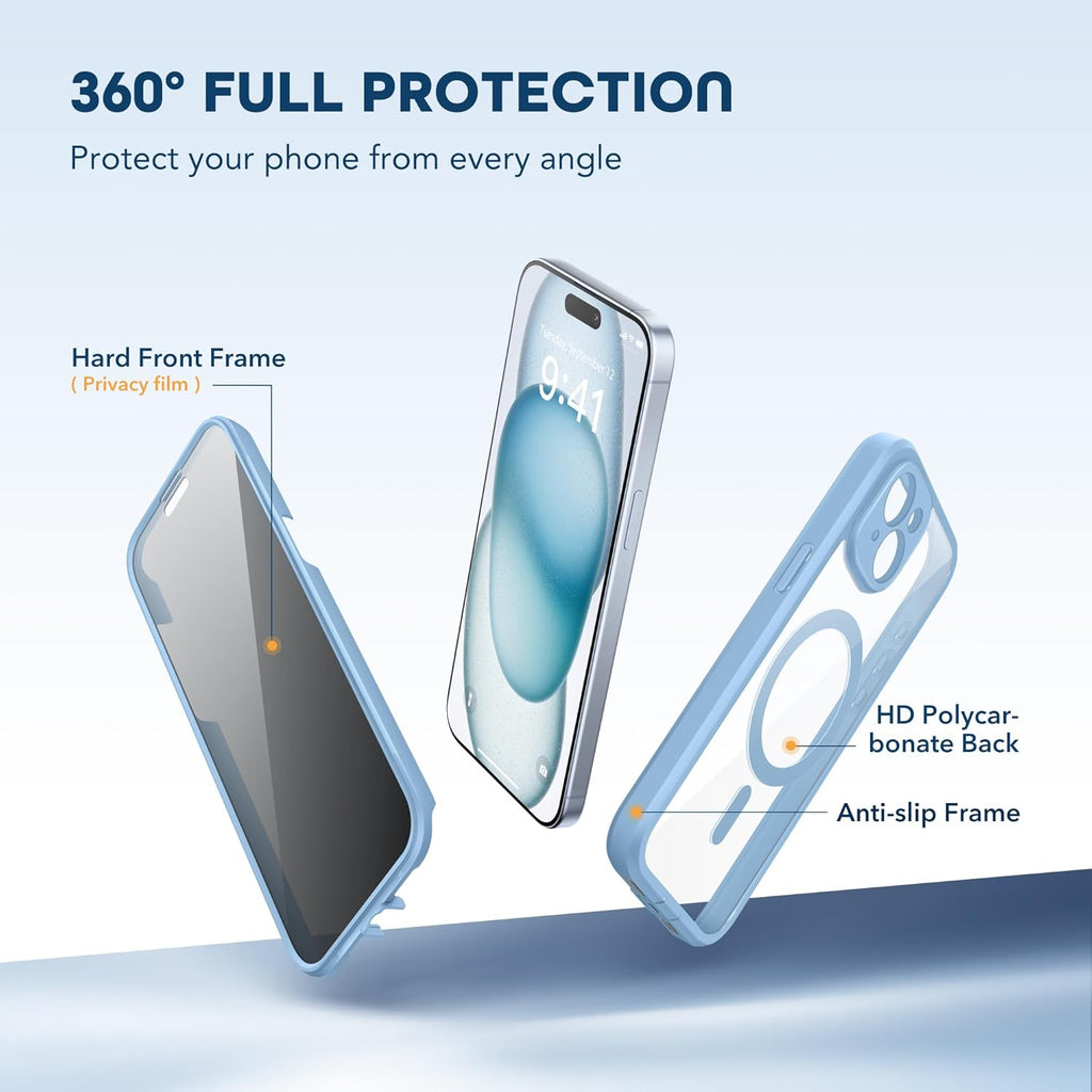 Magnetic for iPhone 15 Case, Compatible with MagSafe, Built-in Privacy Screen Protector and Camera Protection, Anti Spy Full Body Dustproof Shockproof Hard Phone Case 6.1", Sky Blue