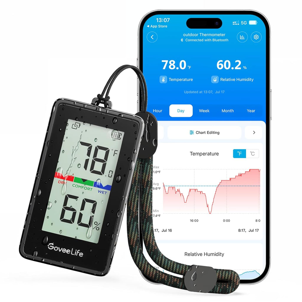 GoveeLife Outdoor Indoor Thermometer Hygrometer IP65 Waterproof, LCD Digital Display, 197ft Buletooth Range, Notification Alerts, 2 Years Data Storage Export, for Camping, Room, Patio, Greenhouse