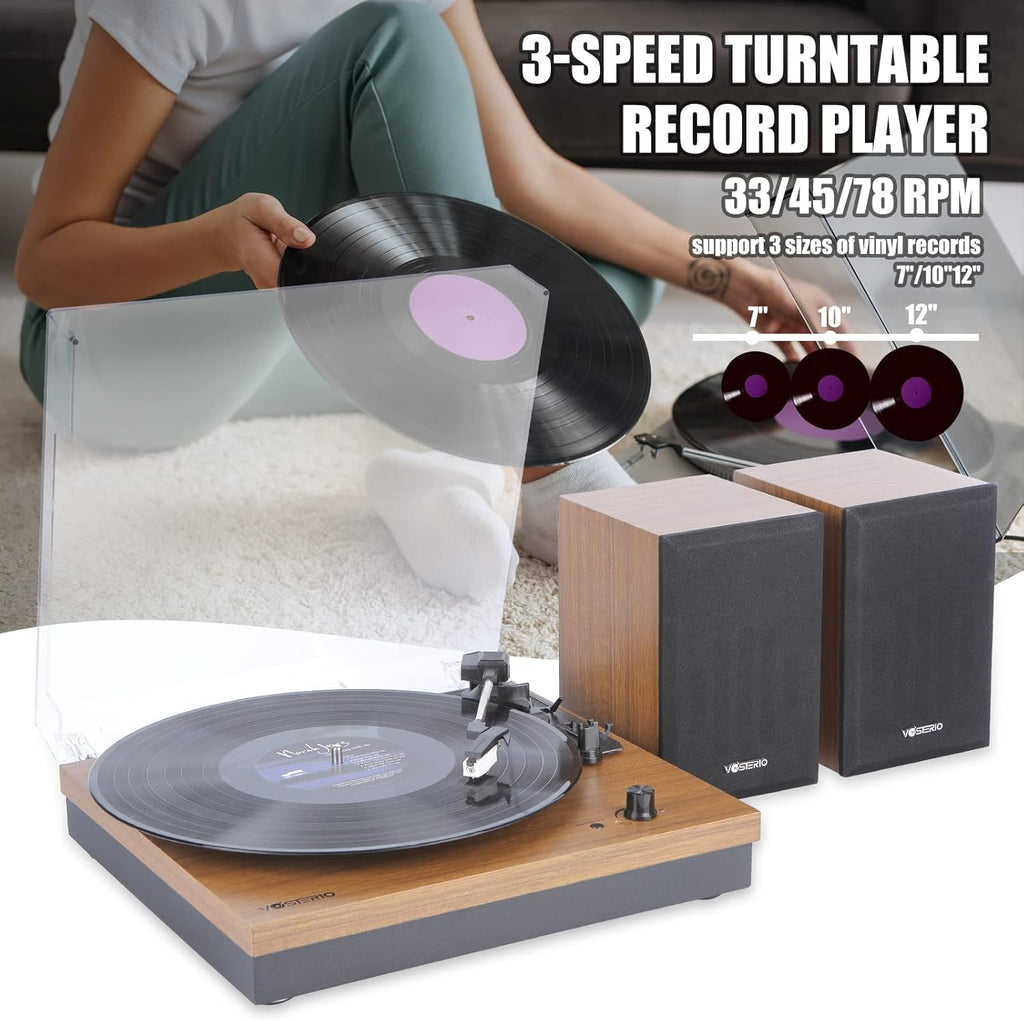 Bluetooth Record Player, 3-Speed Belt-Driven Turntable with Bluetooth Input& Output, Aux-in, Two 15W External Speakers, Retro Vinyl Player, Walnut
