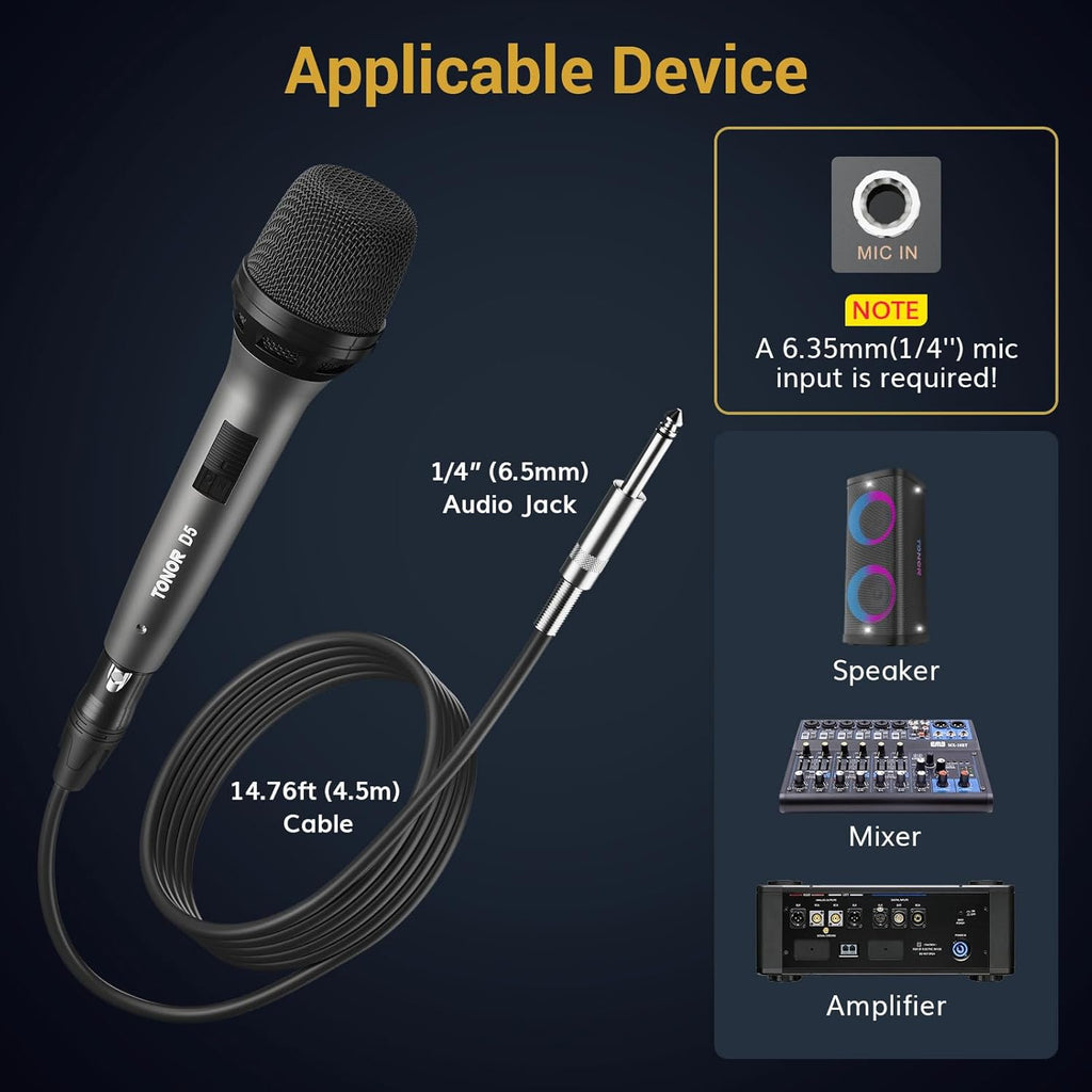 TONOR Professional Vocal Microphone for Singing, Dynamic Handheld Wired Karaoke Mic, Cardioid Studio Microfono with 4.5M XLR to 1/4" Cable, for Speakers/Mixer Machine/Amp/Speech/Karaoke and Outdoors