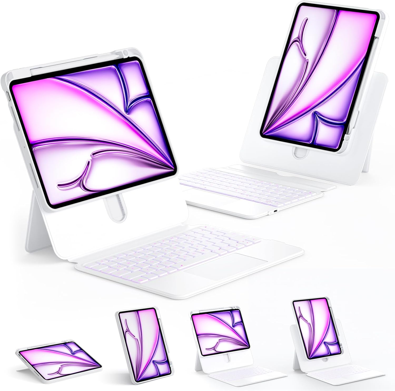 ONLY fit for iPad 12.9 inch Pro 6/5/4/3rd Gen & 13 inch iPad Air (2025 M3, 2024 M2) Case with Detachable Keyboard Trackpad, 360 Rotate Cover Pencil Holder 12 Shortcut Key 7 Color Backlit, White
