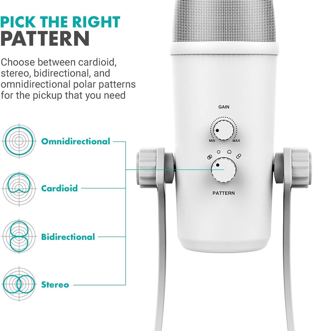 Movo UM700W White Desktop USB Microphone for Computer - Studio Mic with 4 Pickup Patterns - USB Gaming Microphone for PC, Mac, and Android - Best Mic for Podcast Recording and Streaming Setup