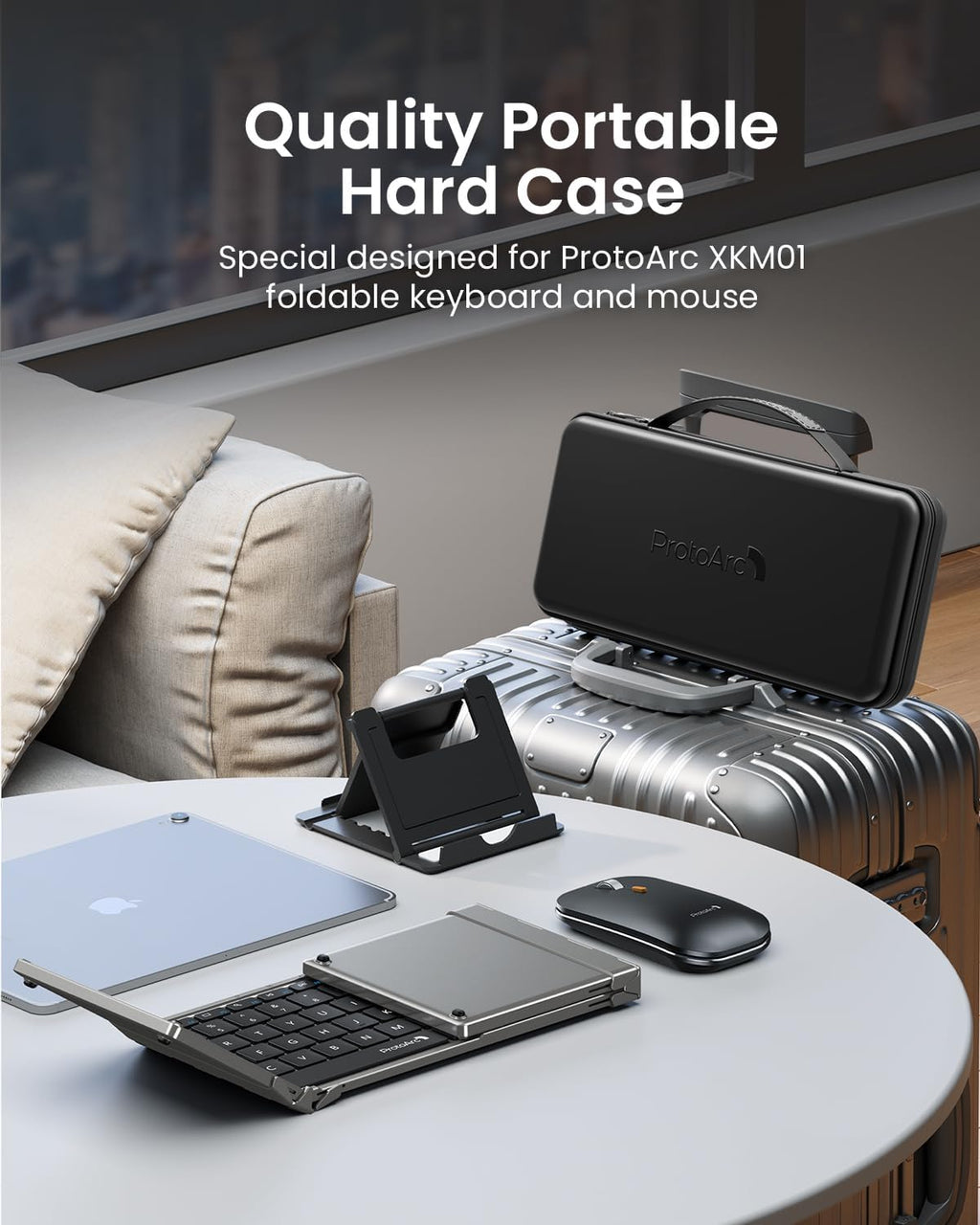 ProtoArc Foldable Keyboard and Mouse, XKM01 True Full-Size Folding Wireless Keyboard Mouse Combo for Business Travel, a Portable Office Suite On-the-Go, Compatible with Laptop iPad Tablet - Black Gray