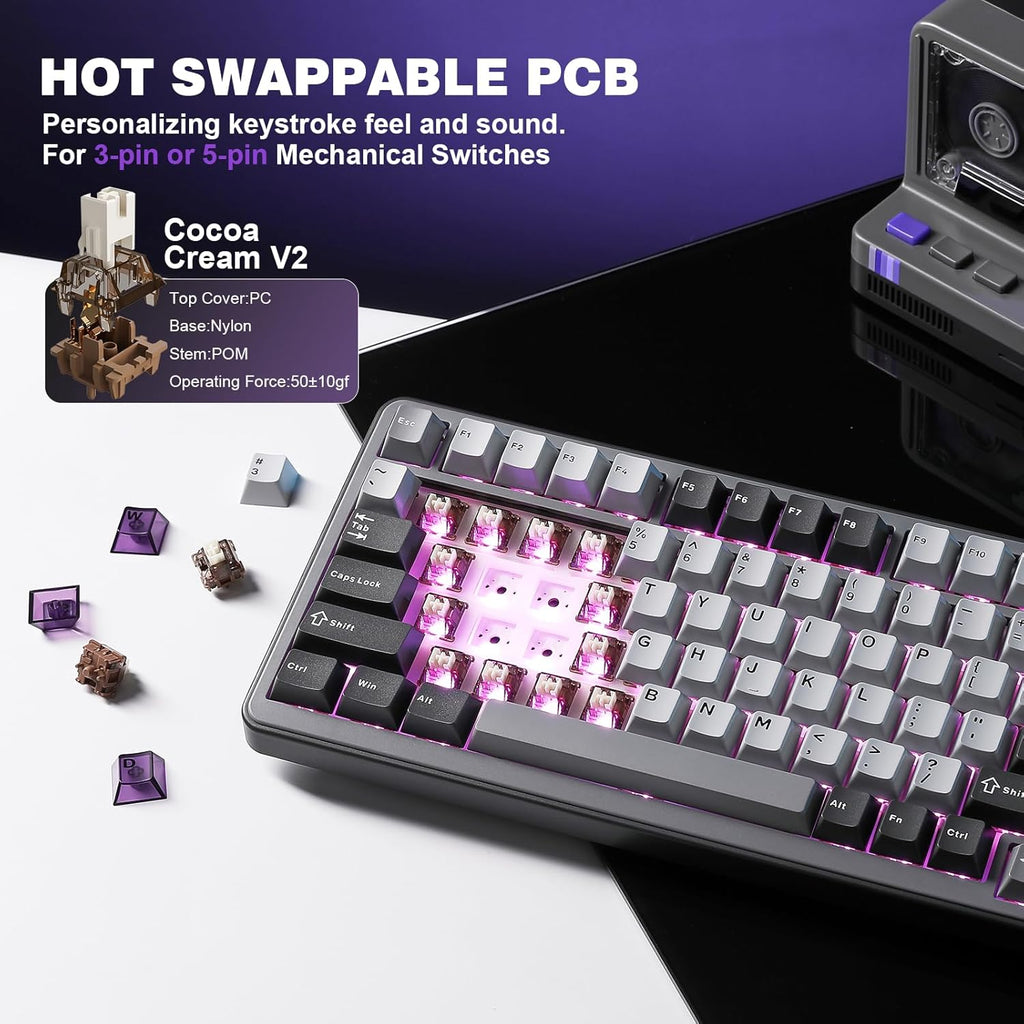 YUNZII B75 PRO Wireless Mechanical Keyboard,75% Layout with Knob,Hot Swap Gasket Custom Structure,Creamy Pre-lubed Switches,RGB Backlit,BT/Type-C/2.4G for Win/Mac(Cocoa Cream V2 Switch,Dark Grey)