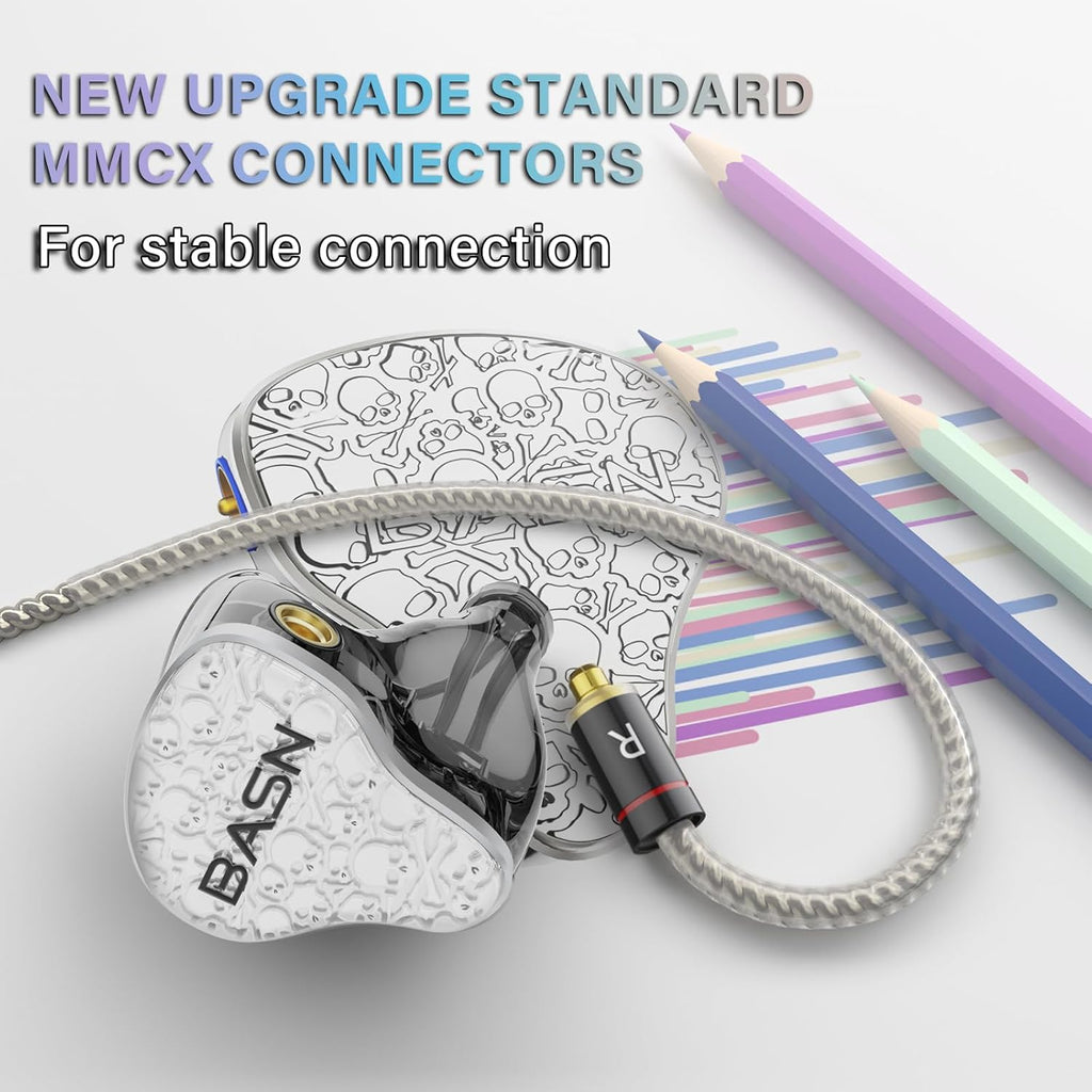 BASN Bmaster5 in Ear Monitors, 5 Drivers Drummer Headphones with Powerful Bass, Noise Isolation IEM Earbuds with Detachable MMCX Sliver-Plated OFC Cable for Musicians (Glacier White, MMCX)