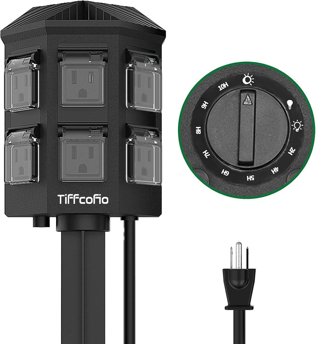 TiFFCOFiO Outdoor Power Strip Timer, Dusk to Dawn Light Sensor Countdown, 6 Feet Extension Cord Waterproof, 6 Grounded Outlets for Halloween and Christmas Decorations, ETL Listed (6 FT)