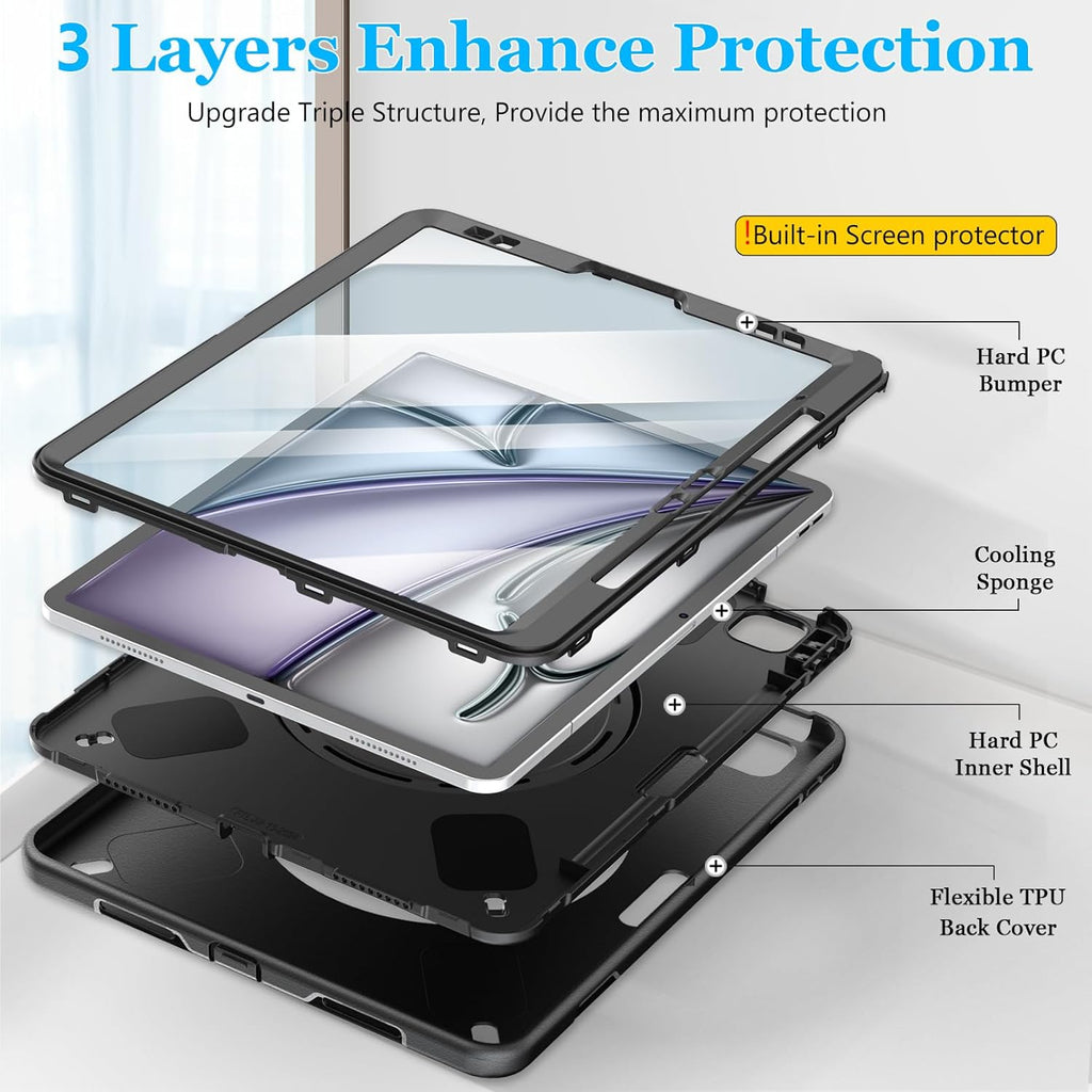 Case for iPad Air 13 Inch M3 2025 & M2 2024: Military Grade Cover for iPad Pro 12.9 6th/5th/4th/3rd Generation W/Screen Protector- Stand- Pencil Holder- Handle- Shoulder Strap- Black